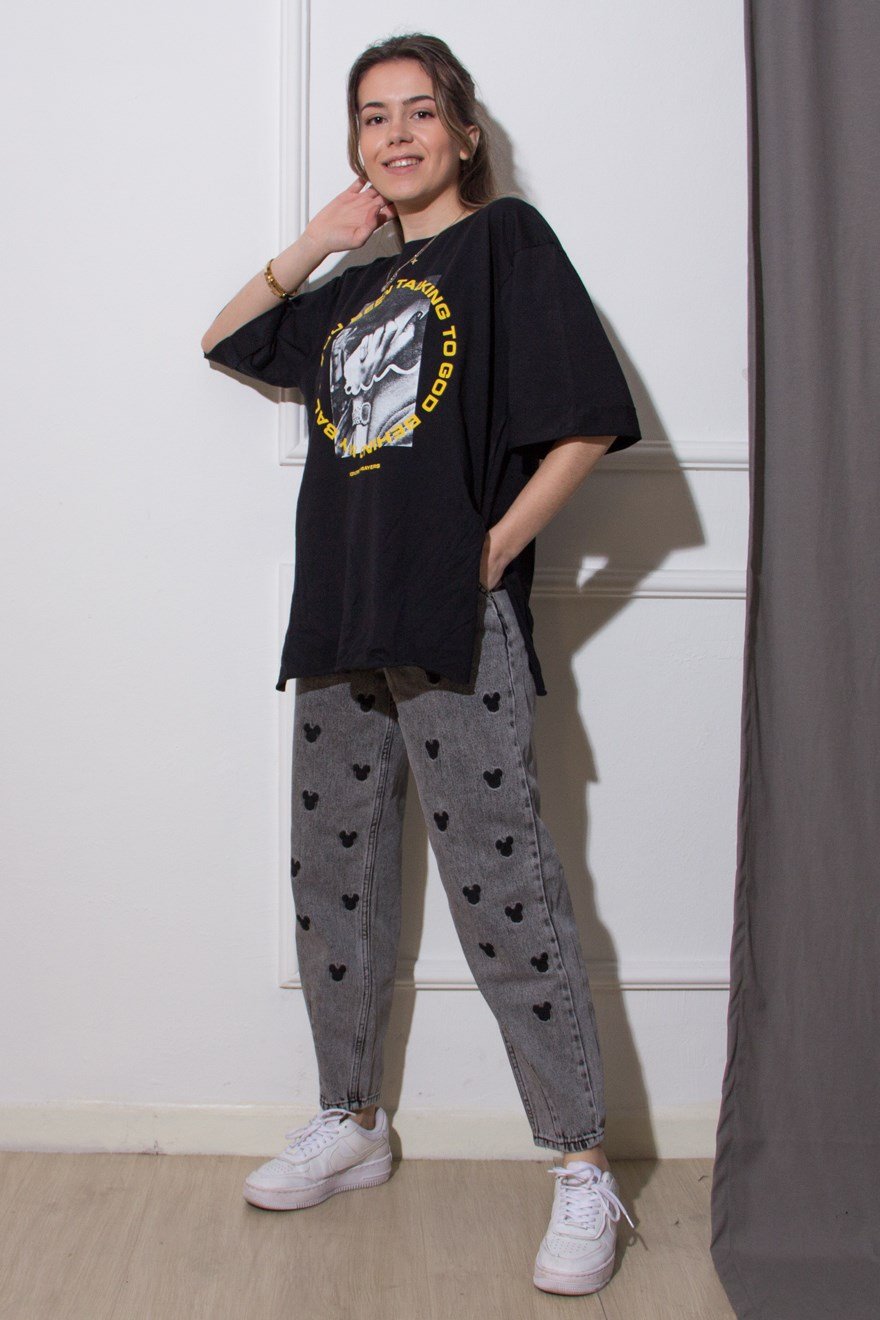 Mickey Nakışlı Balon Mom Jean - Dominatrend