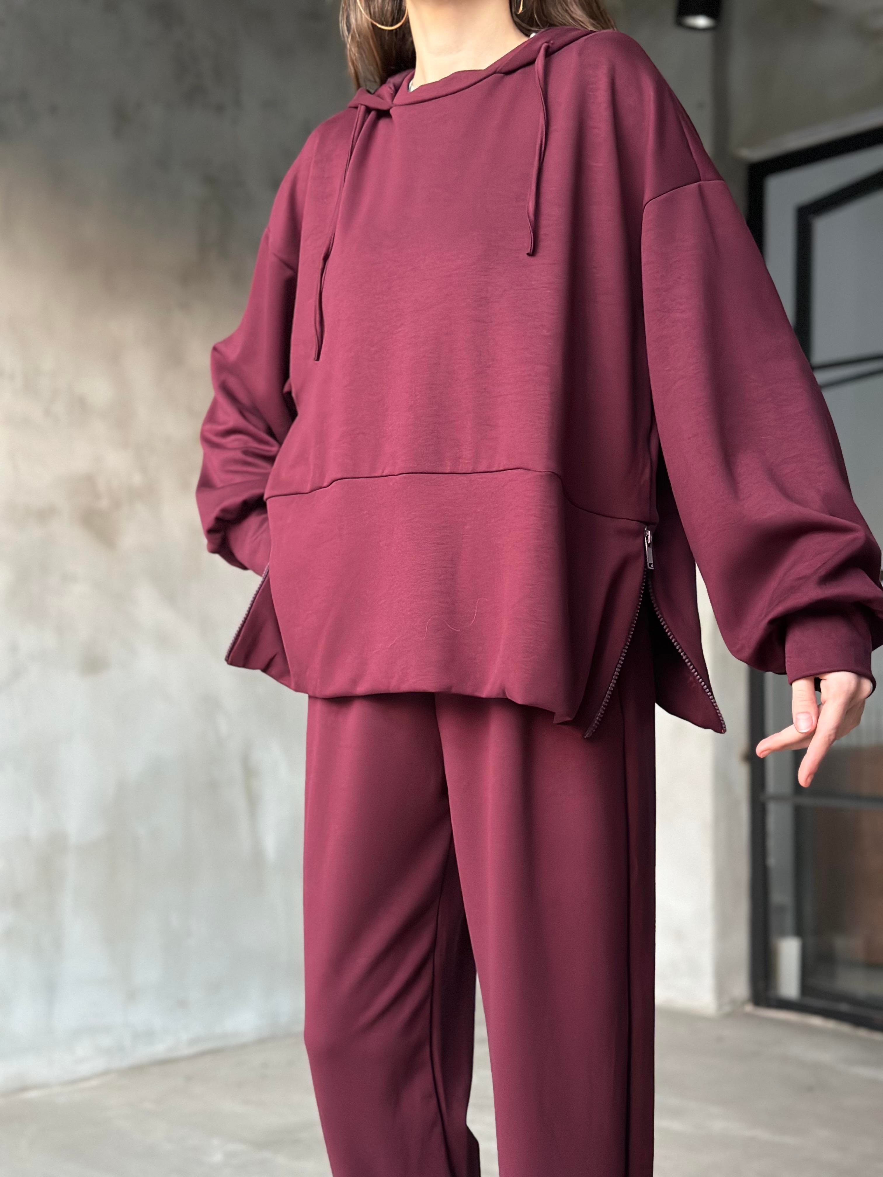 Modal Fermuar Detay Salaş Takım - Bordo - Dominatrend