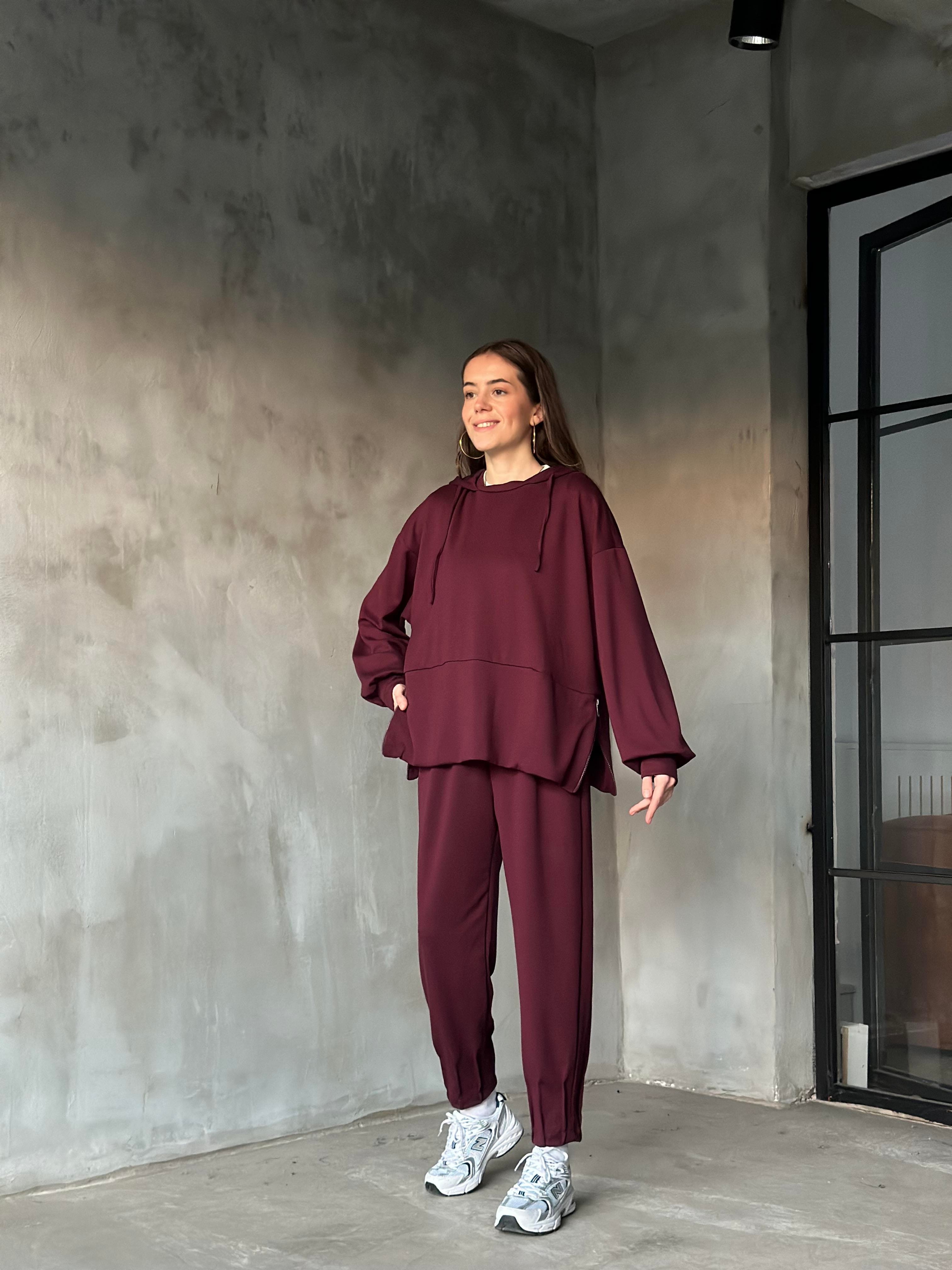 Modal Fermuar Detay Salaş Takım - Bordo - Dominatrend