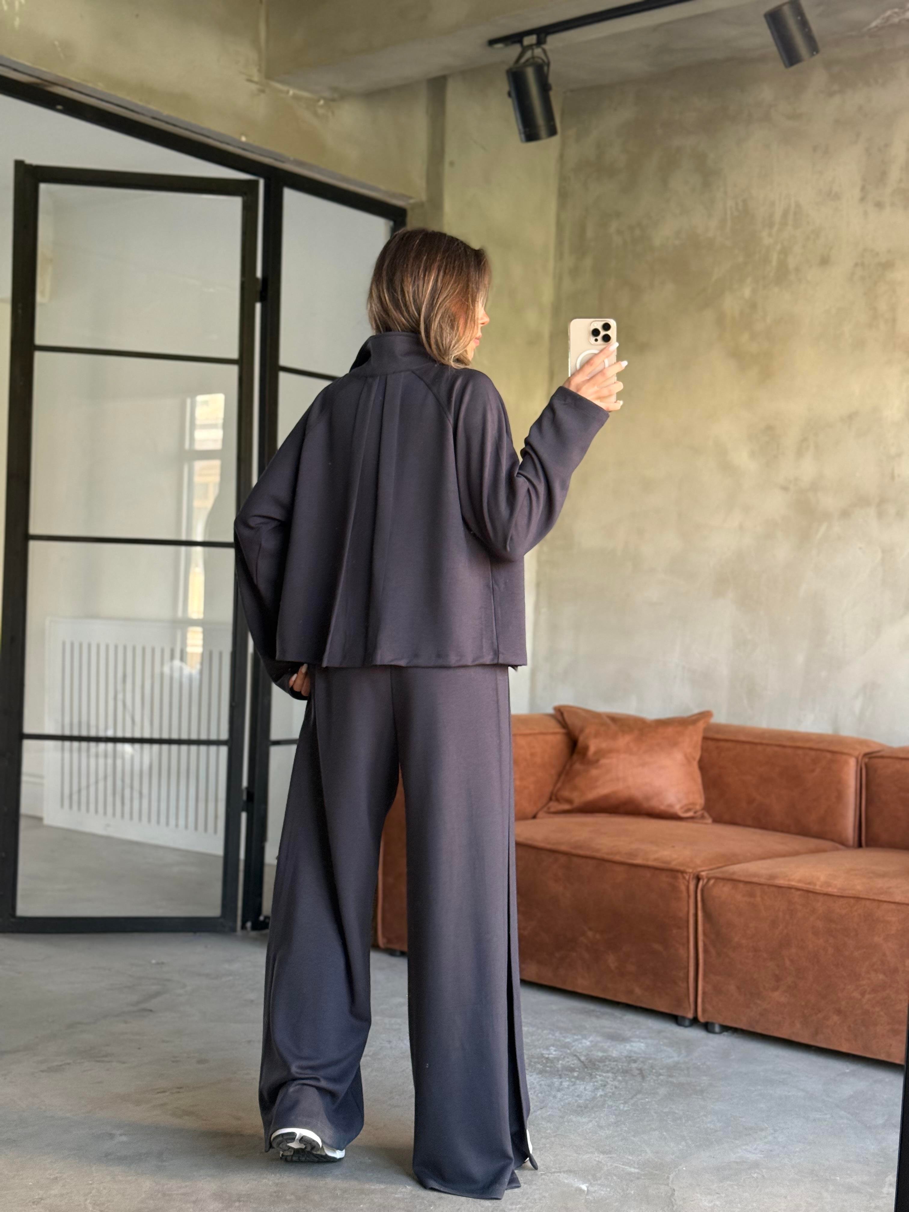 Modal Pilili Ceket Pantolon Takım - Antrasit - Dominatrend