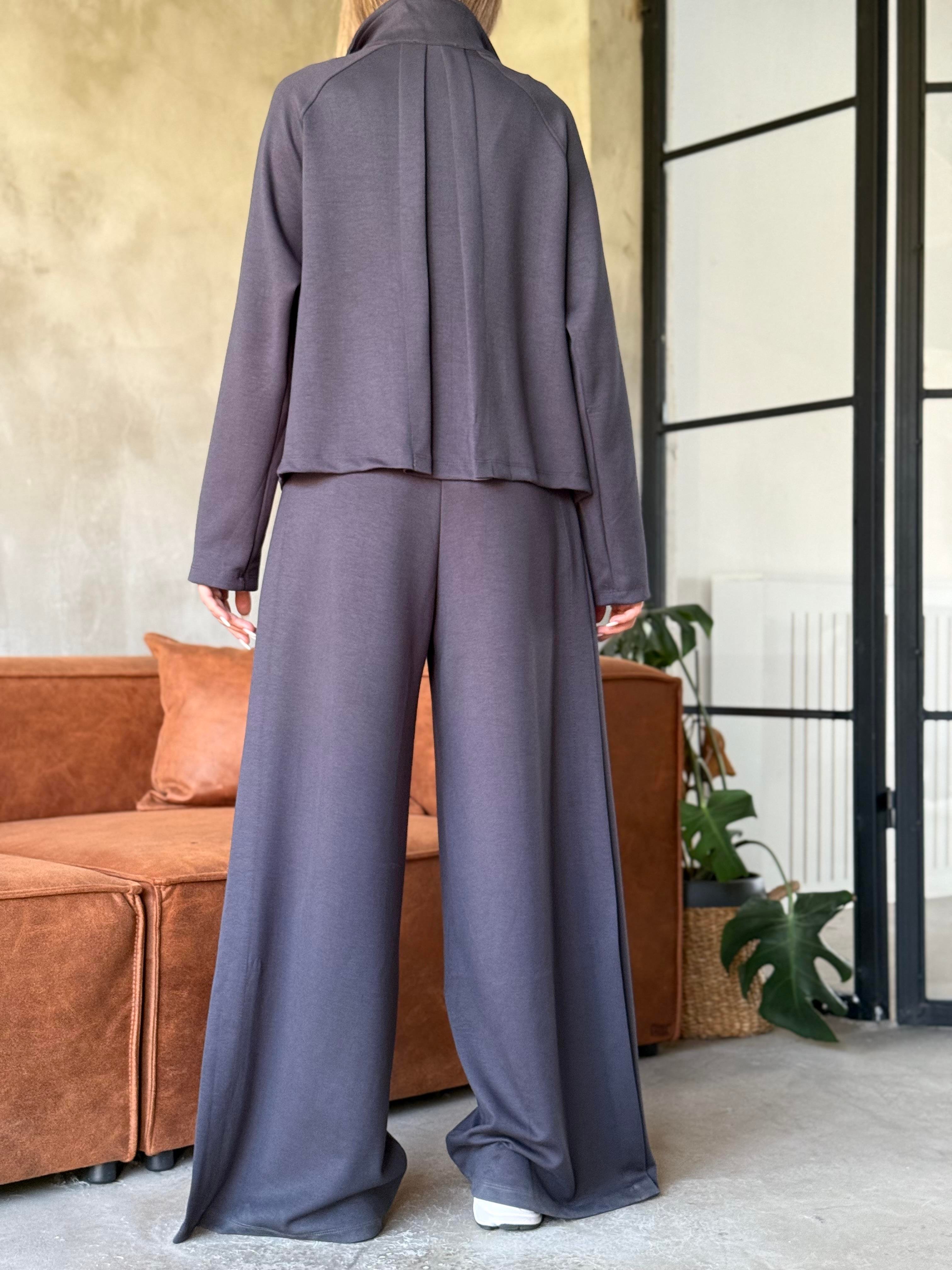 Modal Pilili Ceket Pantolon Takım - Antrasit - Dominatrend