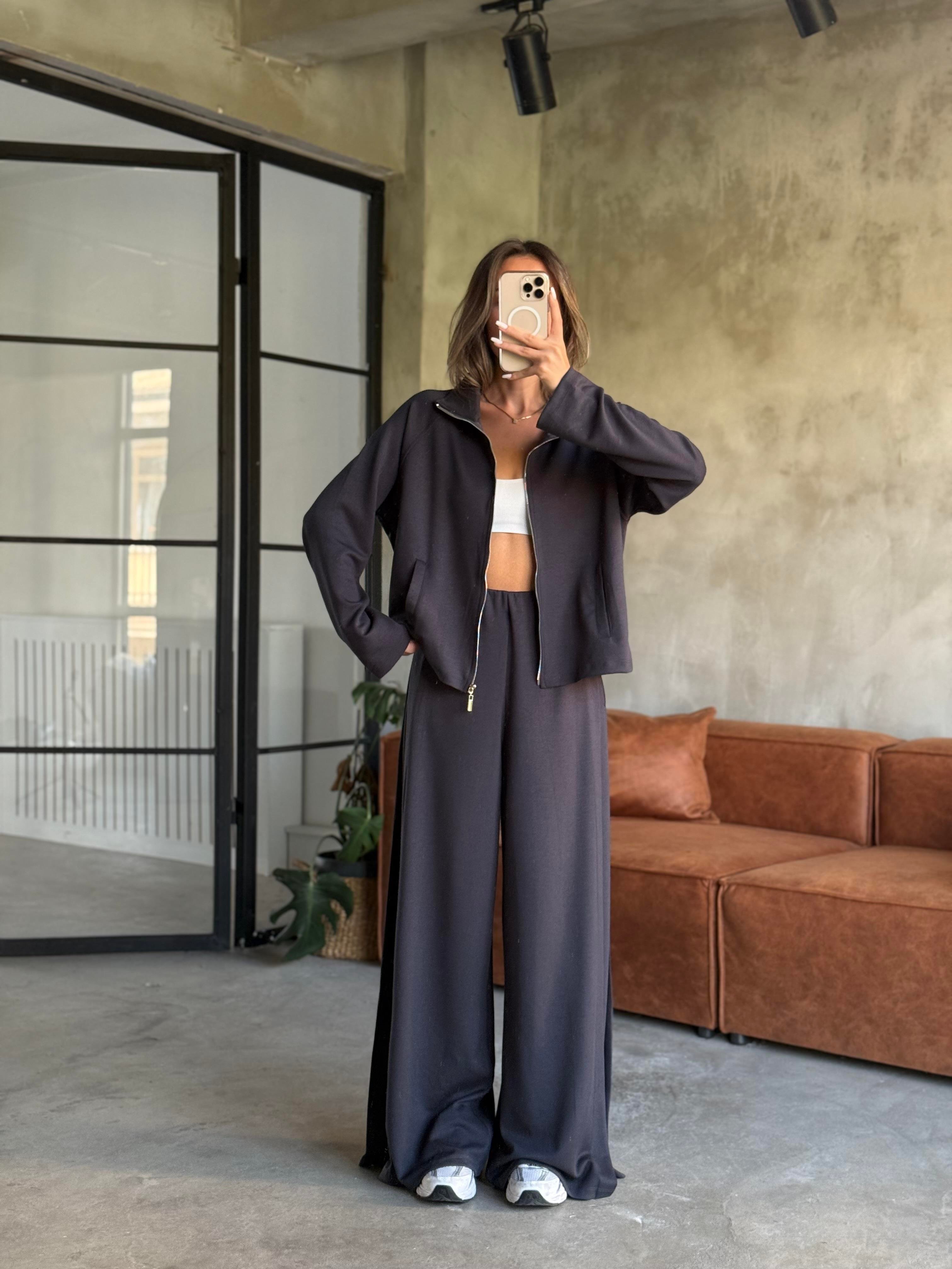 Modal Pilili Ceket Pantolon Takım - Antrasit - Dominatrend