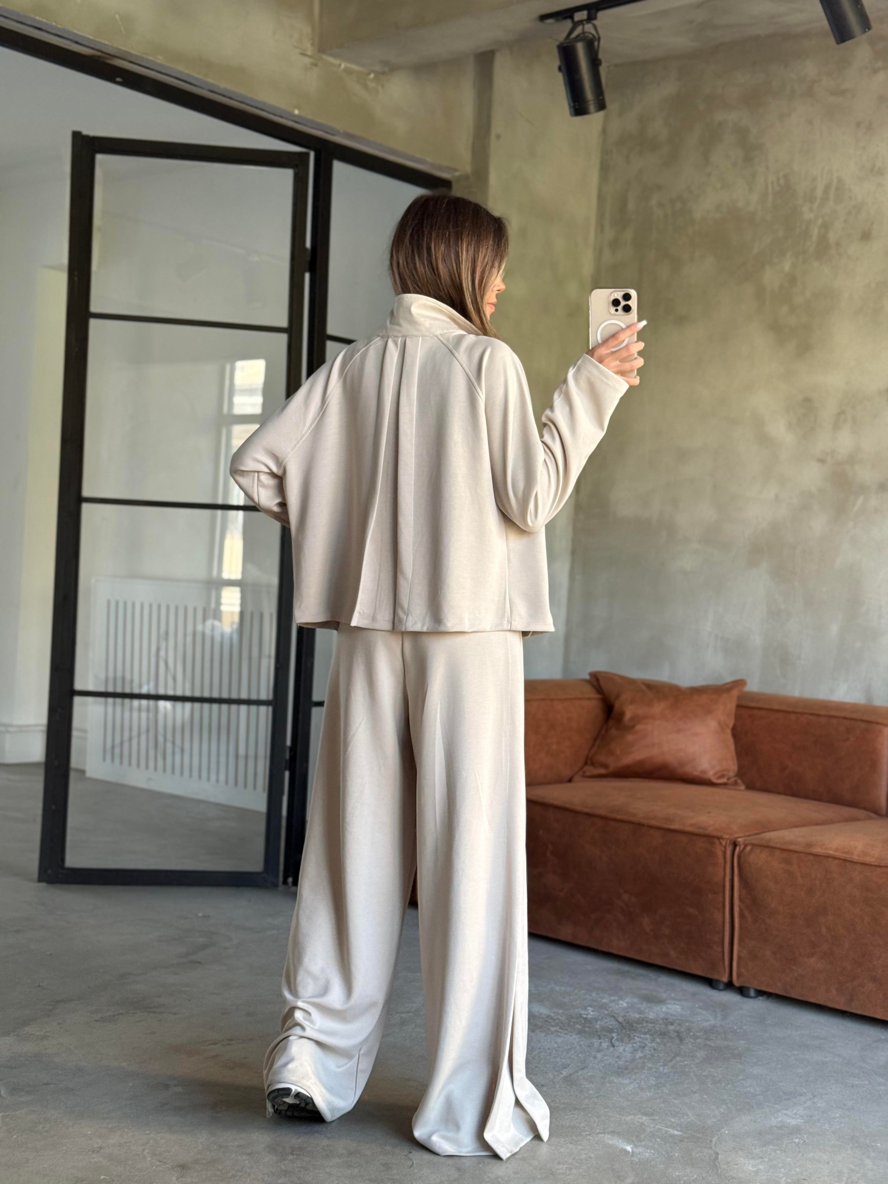 Modal Pilili Ceket Pantolon Takım - Bej - Dominatrend