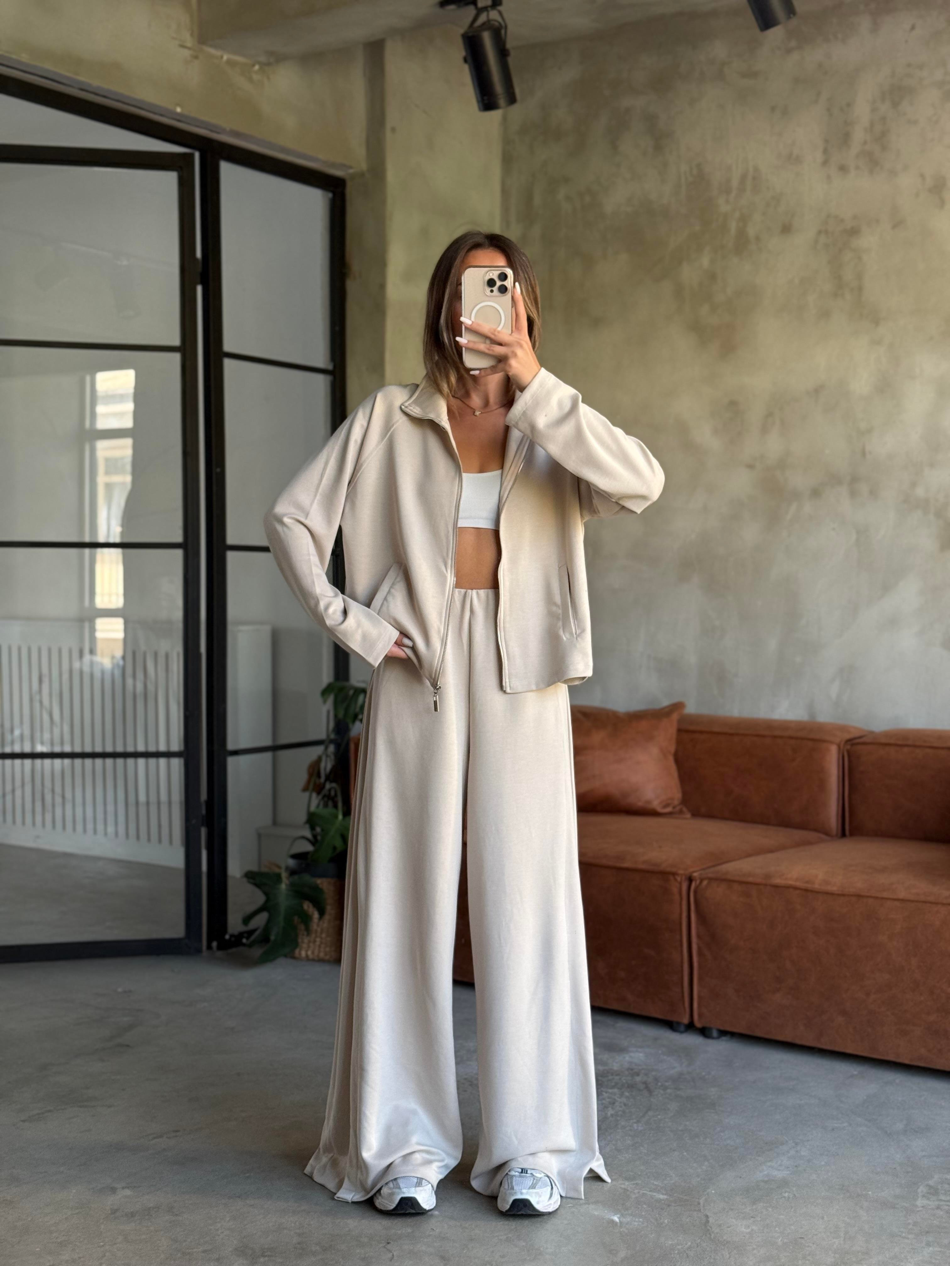 Modal Pilili Ceket Pantolon Takım - Bej - Dominatrend