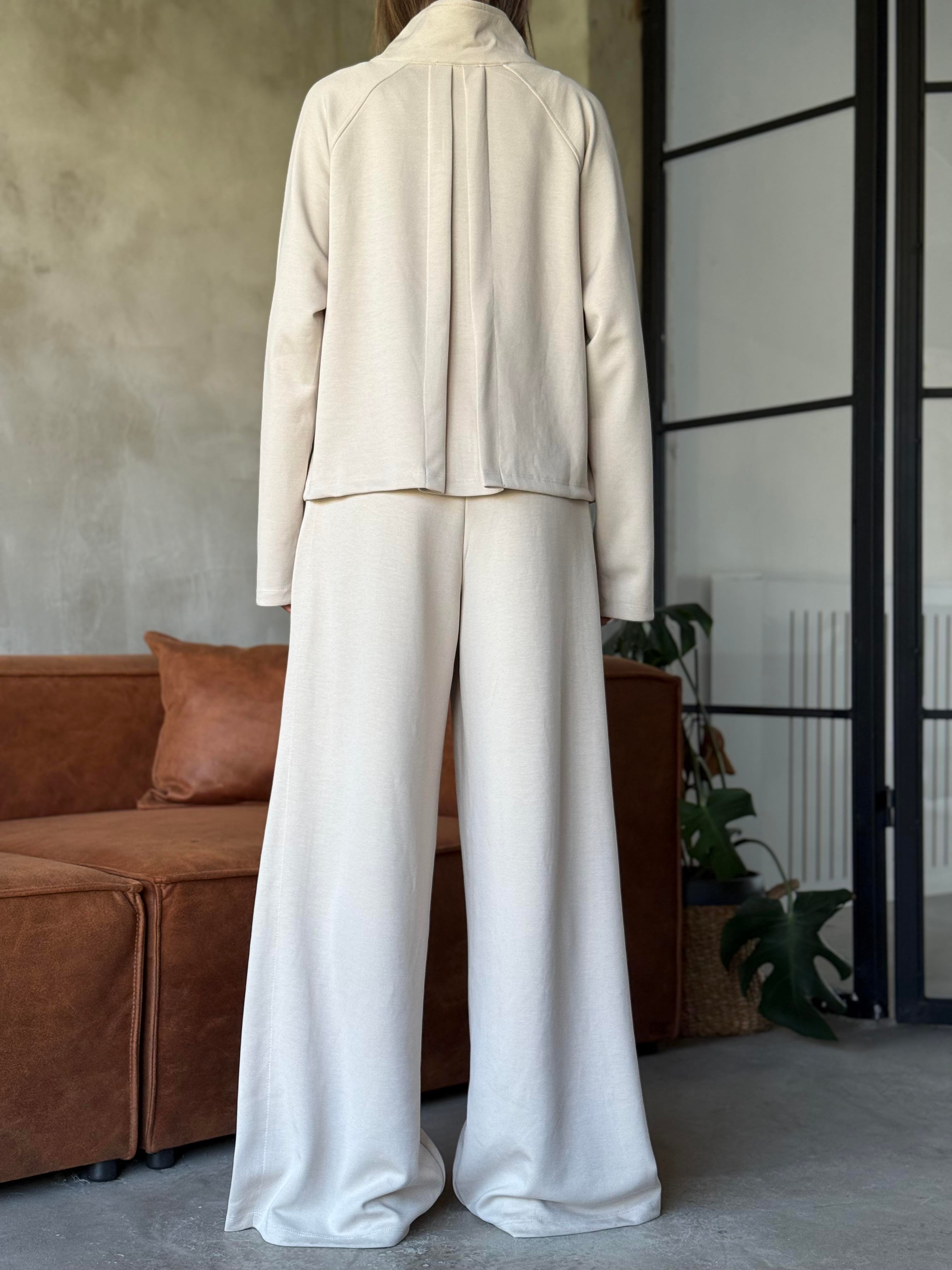 Modal Pilili Ceket Pantolon Takım - Bej - Dominatrend