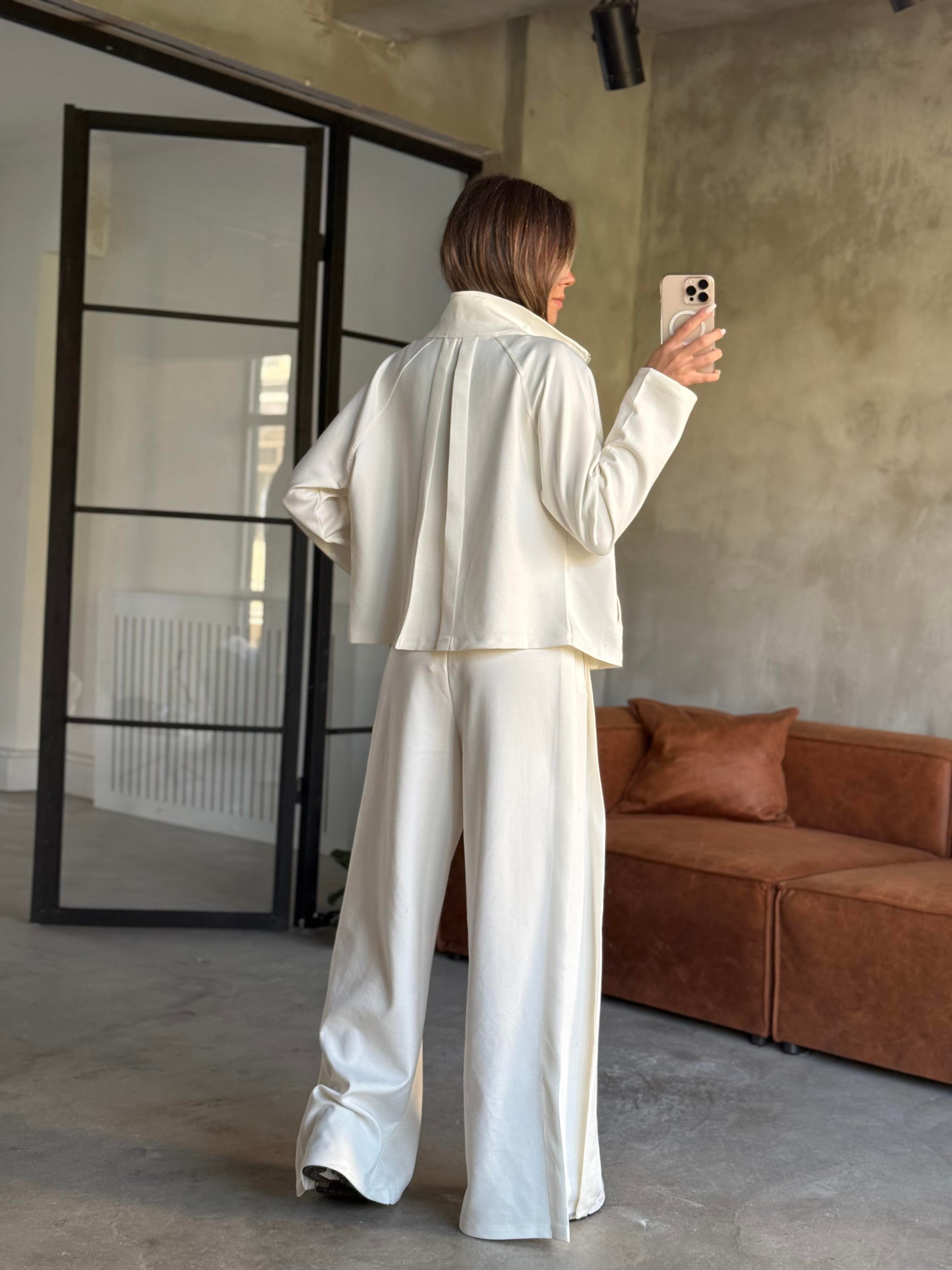 Modal Pilili Ceket Pantolon Takım - Beyaz - Dominatrend