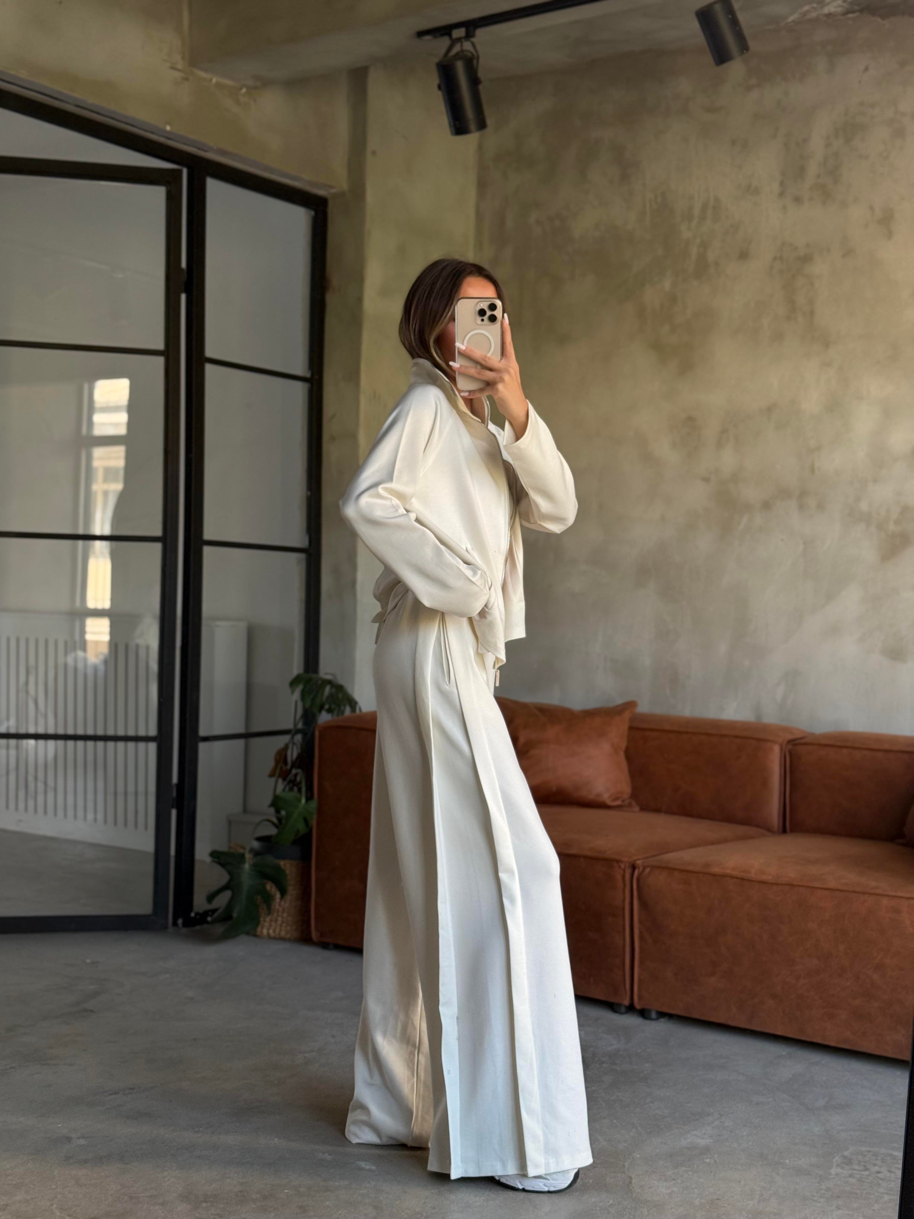 Modal Pilili Ceket Pantolon Takım - Beyaz - Dominatrend