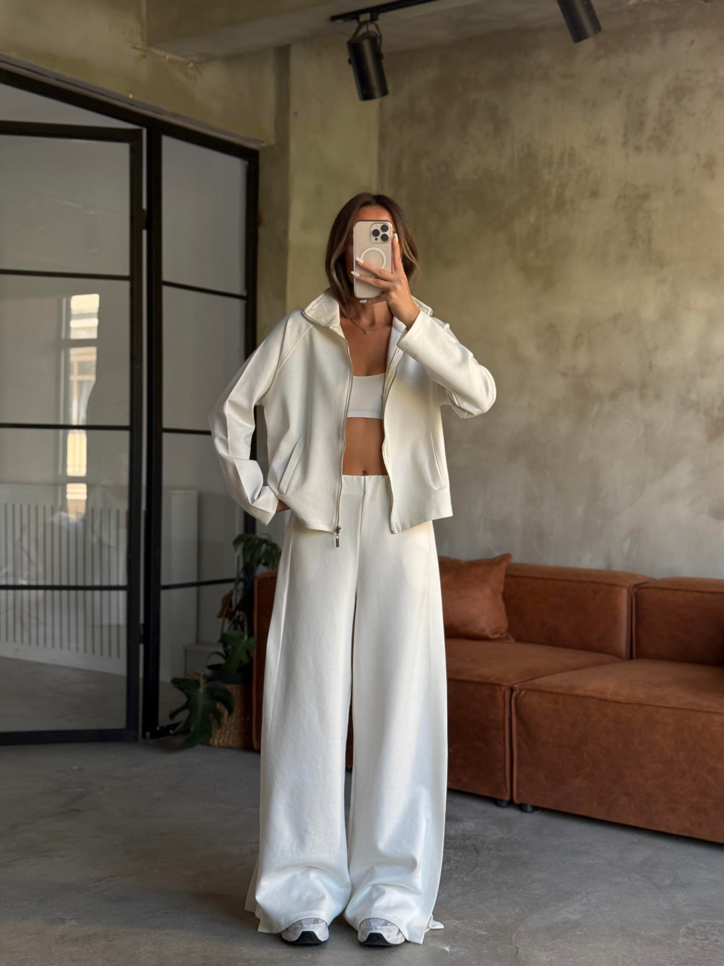 Modal Pilili Ceket Pantolon Takım - Beyaz - Dominatrend