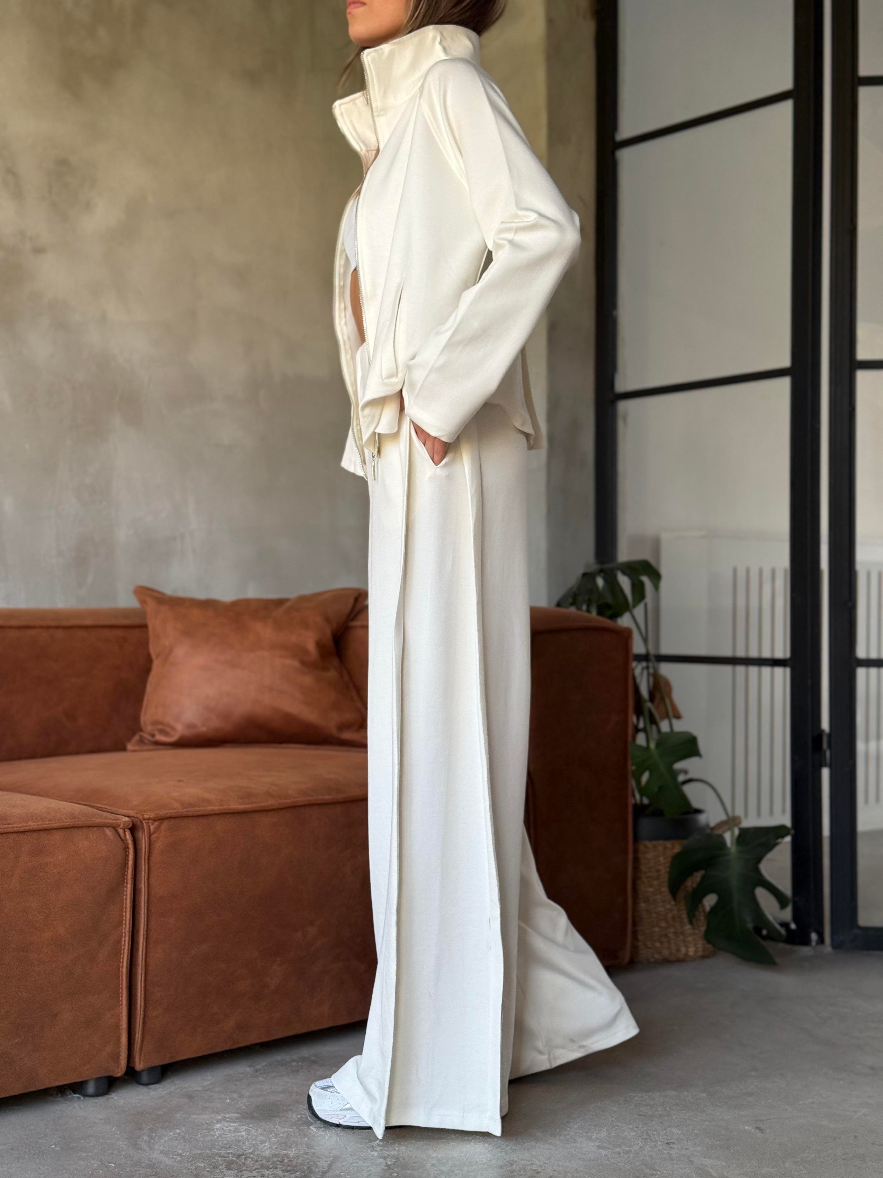 Modal Pilili Ceket Pantolon Takım - Beyaz - Dominatrend