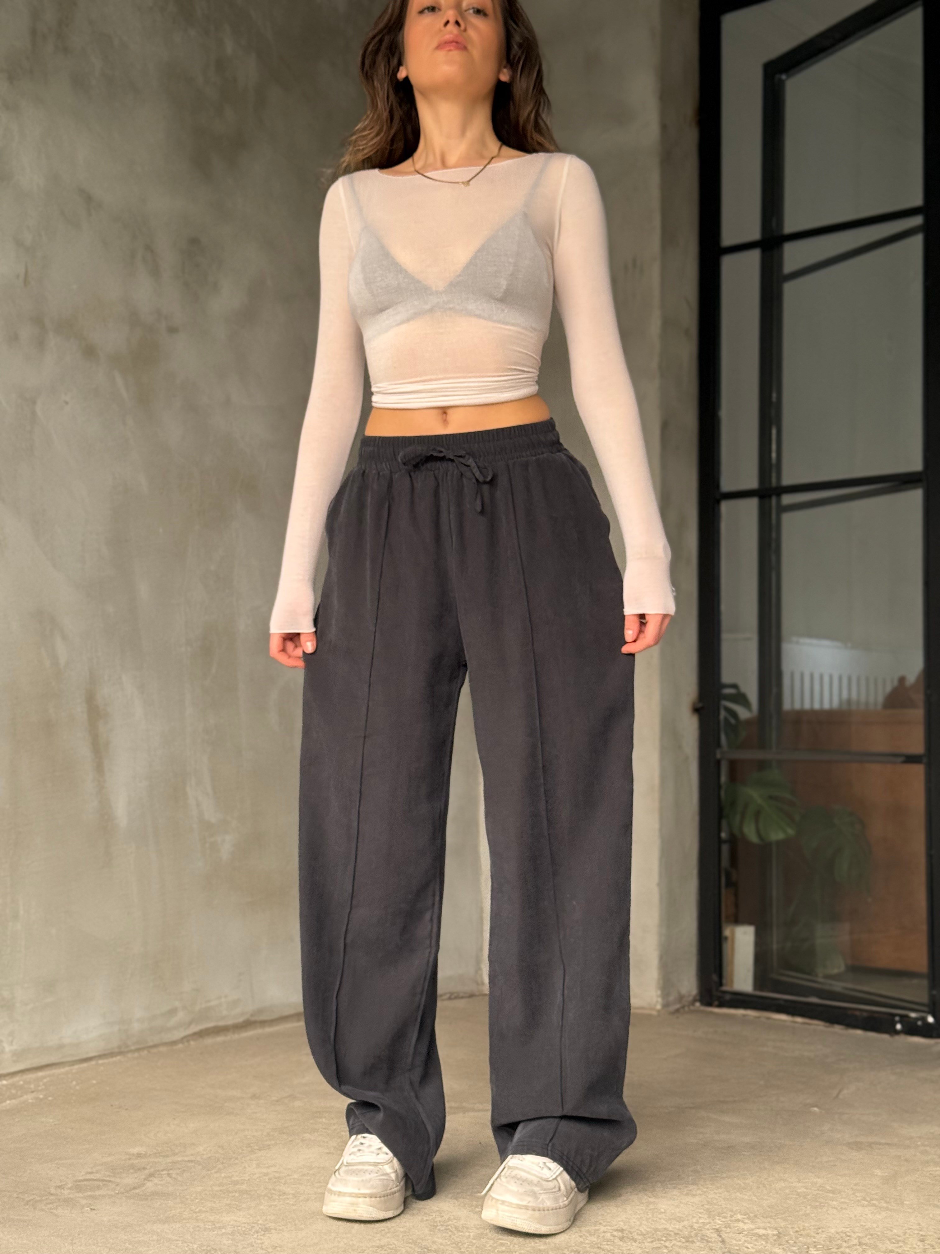 Modal Tencel Çimalı Dökümlü Pantolon - Antrasit - Dominatrend