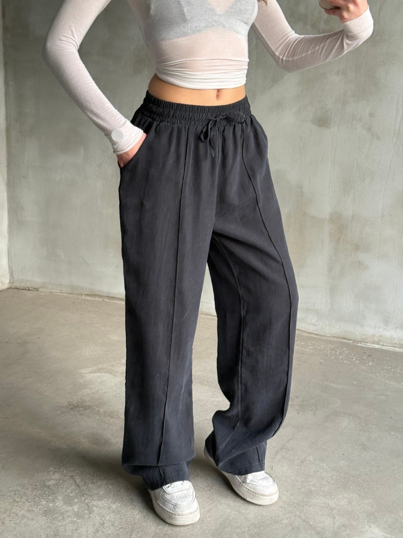 Modal Tencel Çimalı Dökümlü Pantolon - Antrasit - Dominatrend