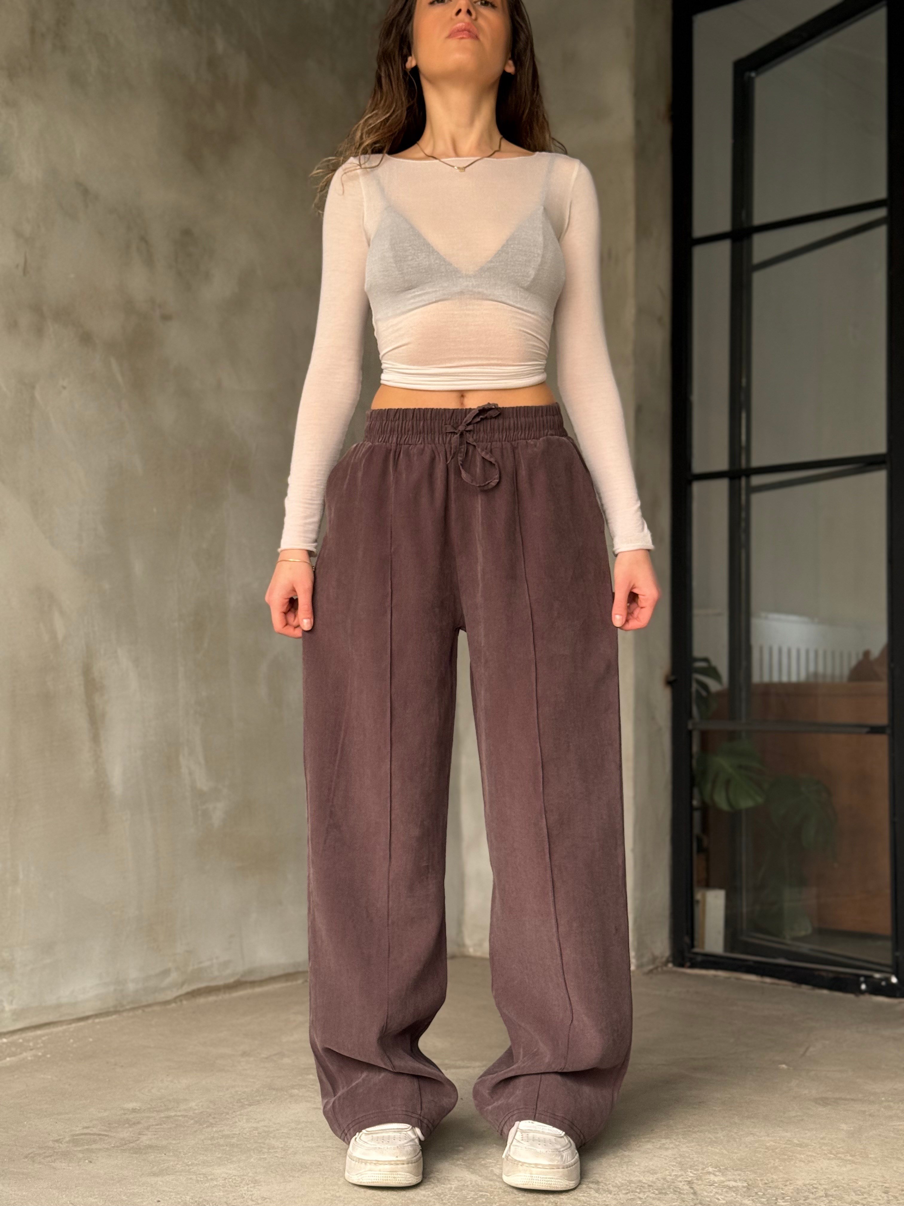 Modal Tencel Çimalı Dökümlü Pantolon Kahverengi - Dominatrend