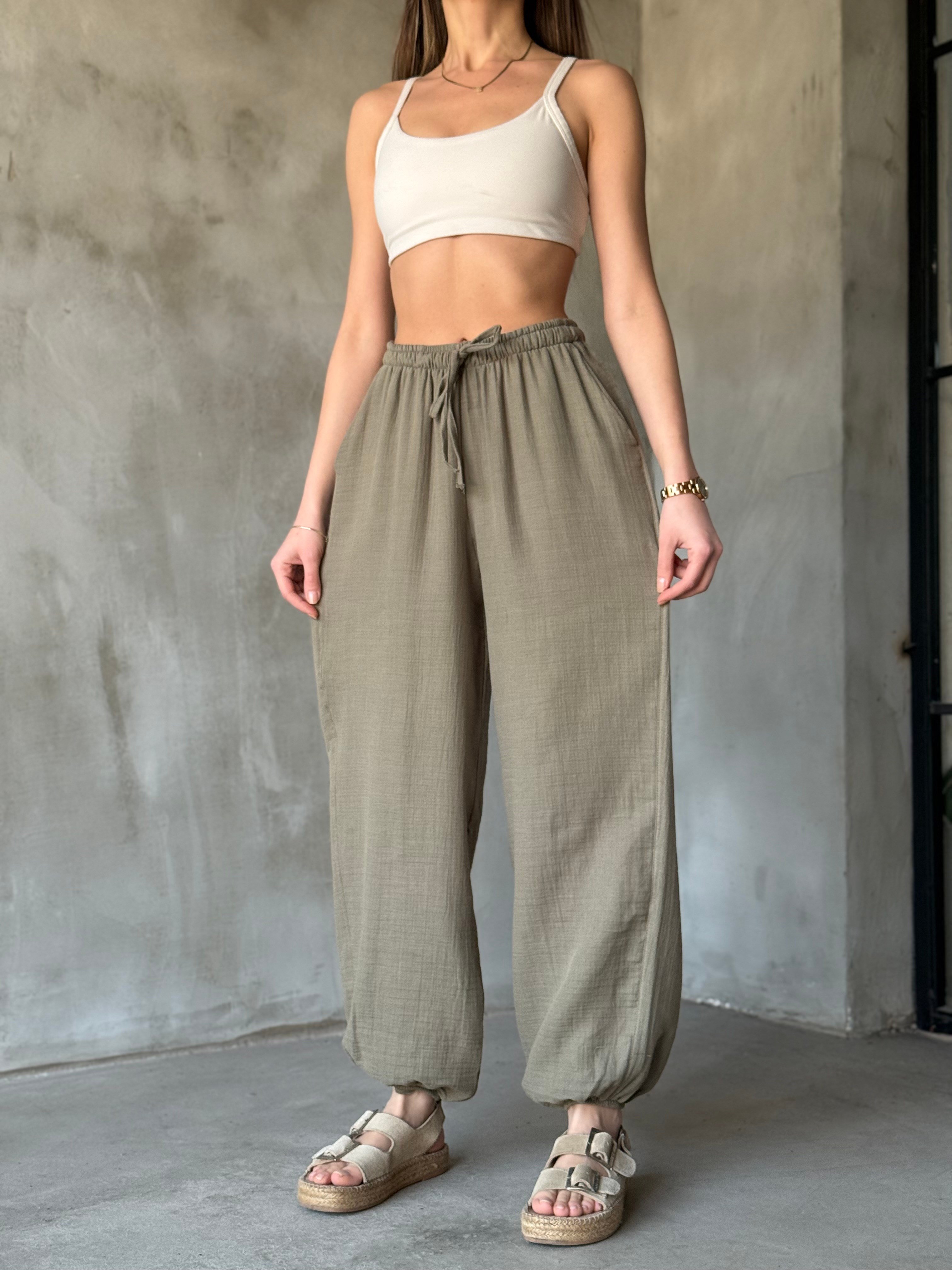 Müslin Balon Pantolon - Haki - Dominatrend