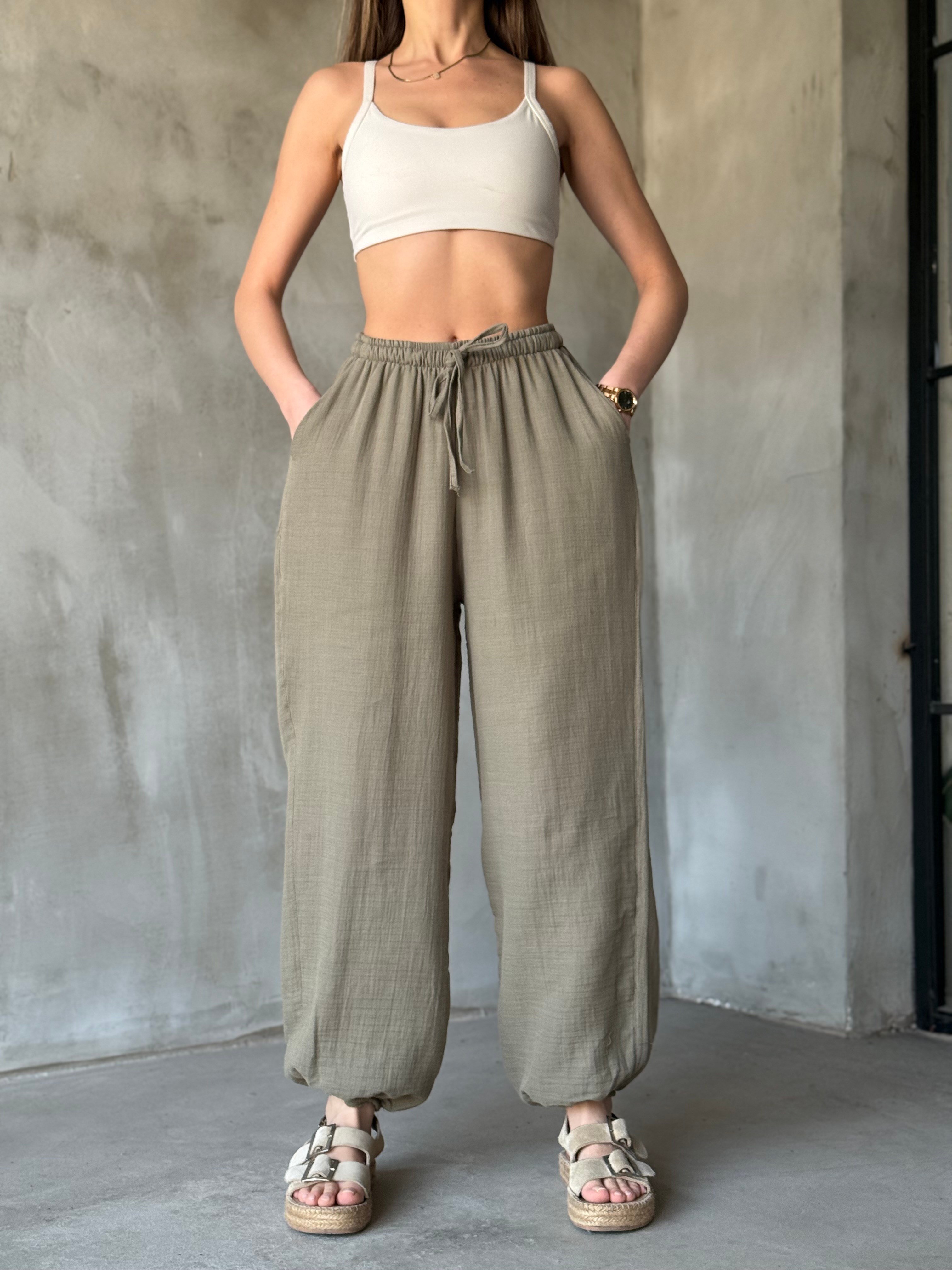 Müslin Balon Pantolon - Haki - Dominatrend