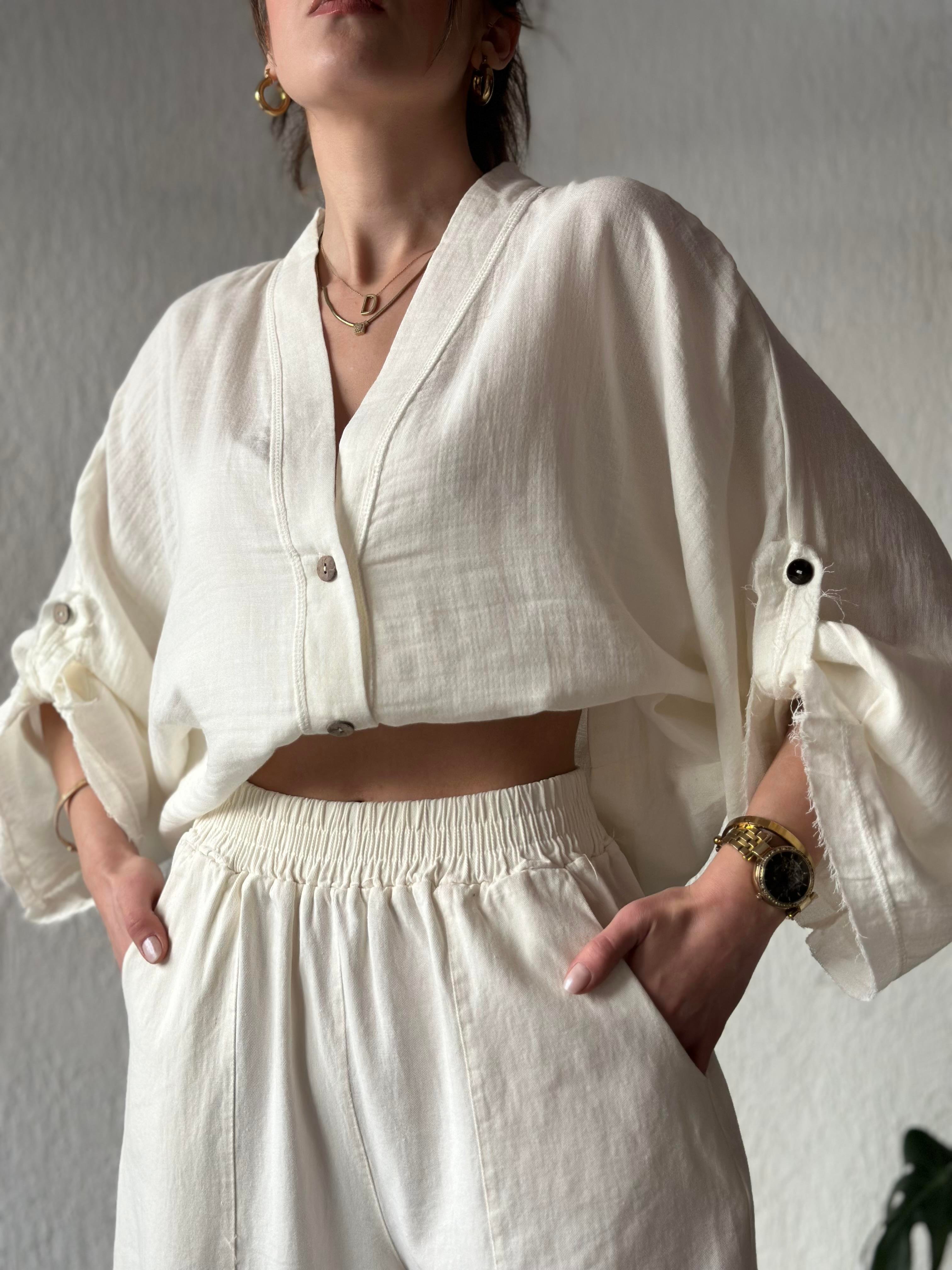 Müslin Bel Bağlamalı Oversize Ceket - Beyaz - Dominatrend