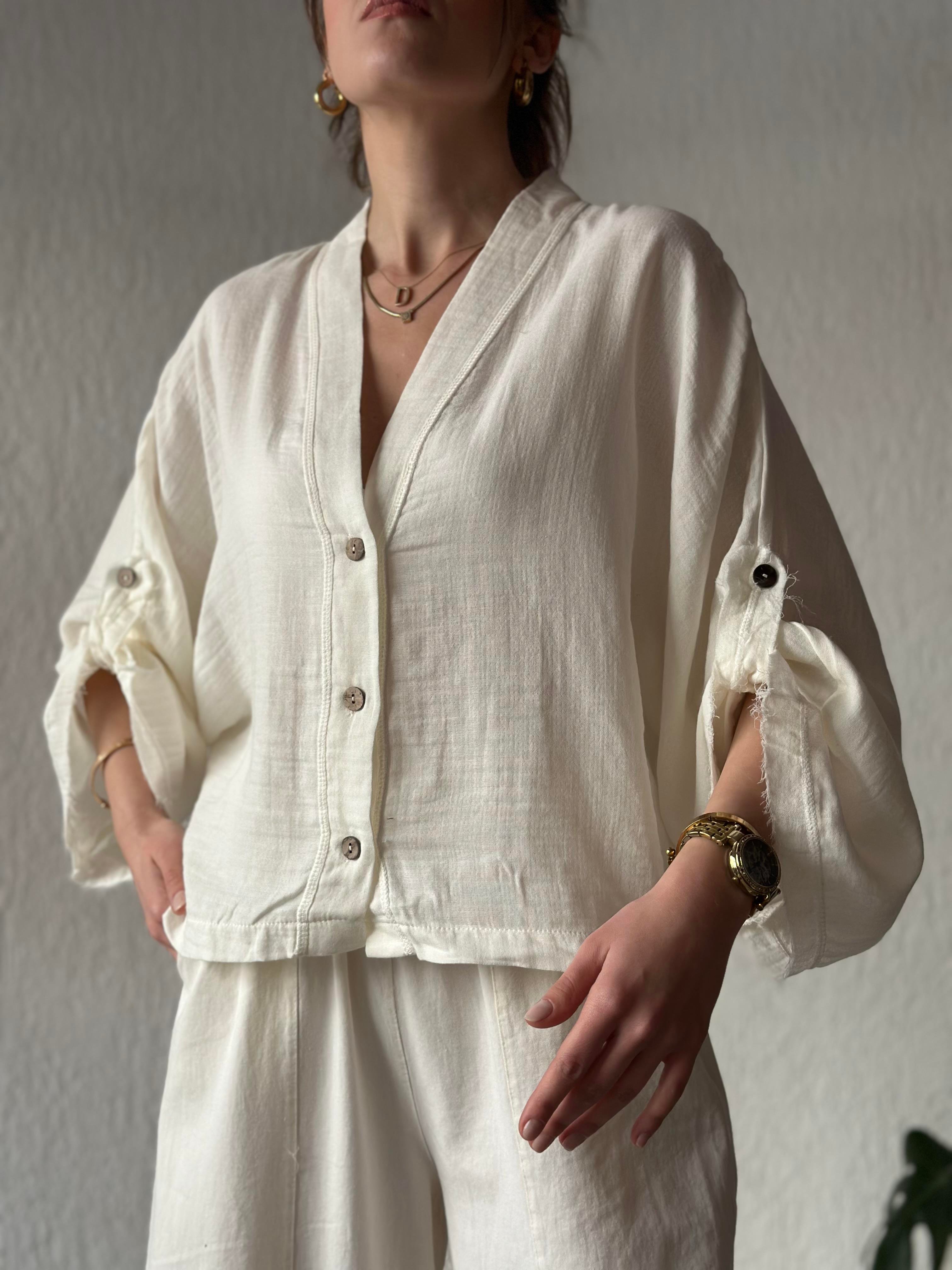 Müslin Bel Bağlamalı Oversize Ceket - Beyaz - Dominatrend