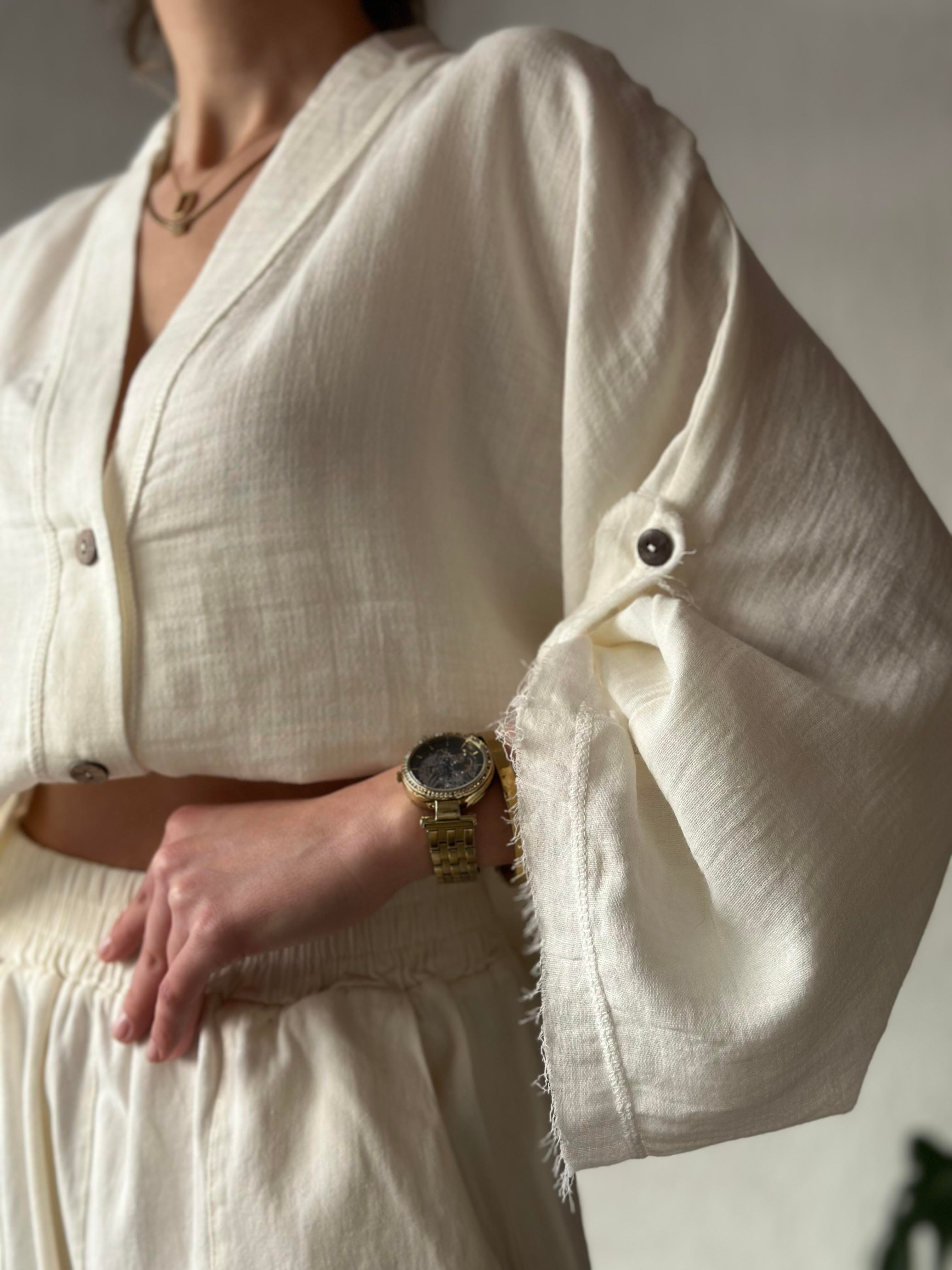Müslin Bel Bağlamalı Oversize Ceket - Beyaz - Dominatrend