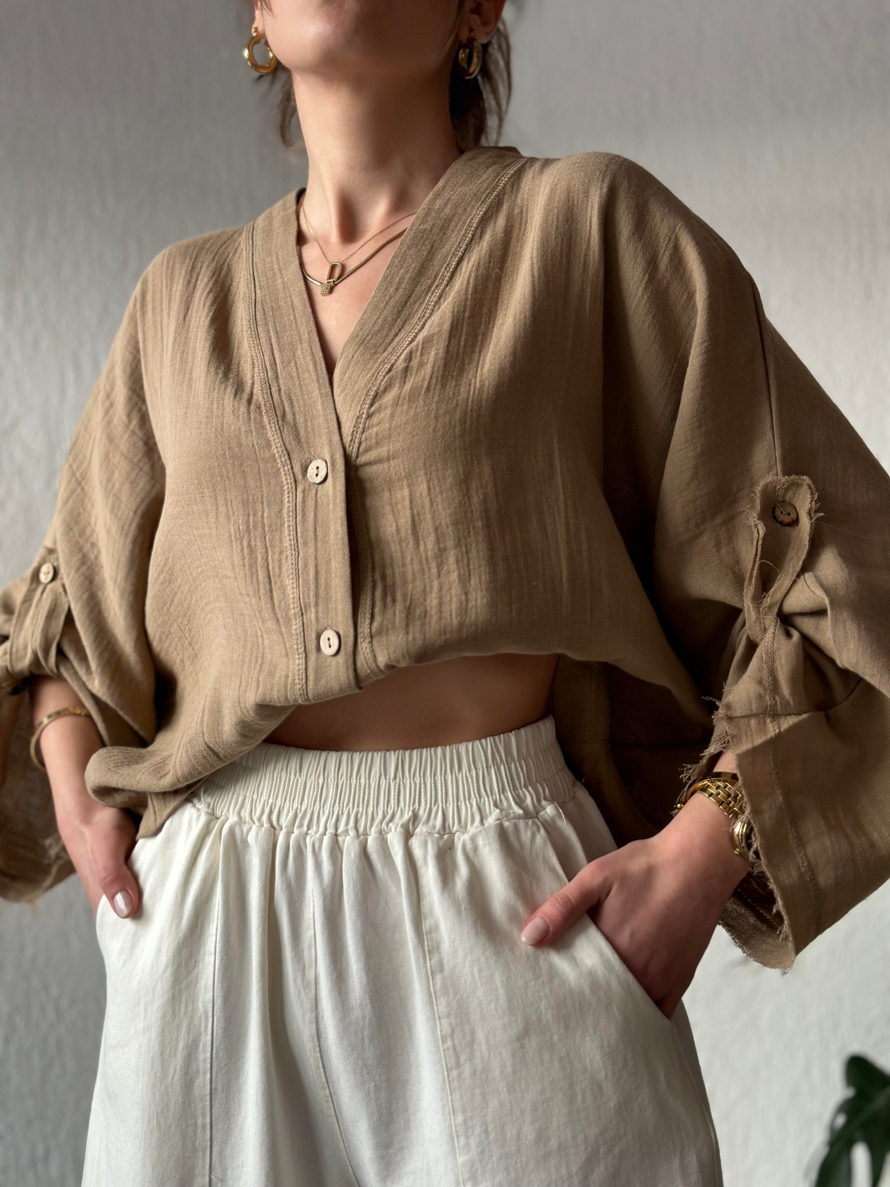 Müslin Bel Bağlamalı Oversize Ceket - Camel - Dominatrend