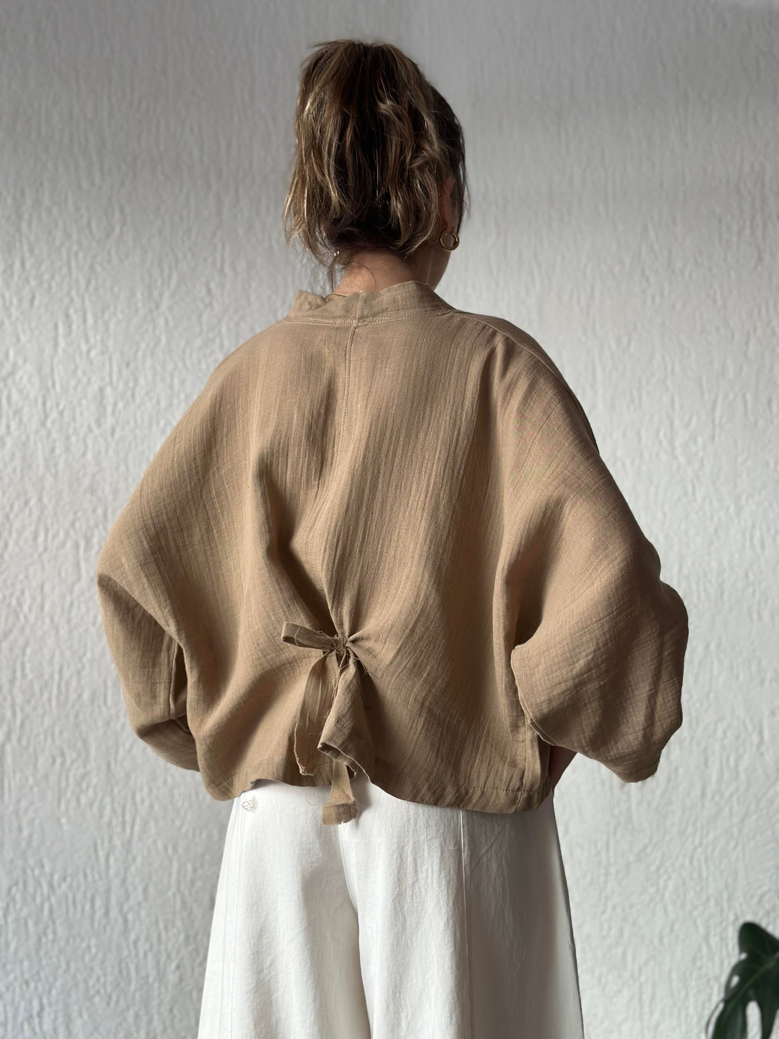 Müslin Bel Bağlamalı Oversize Ceket - Camel - Dominatrend