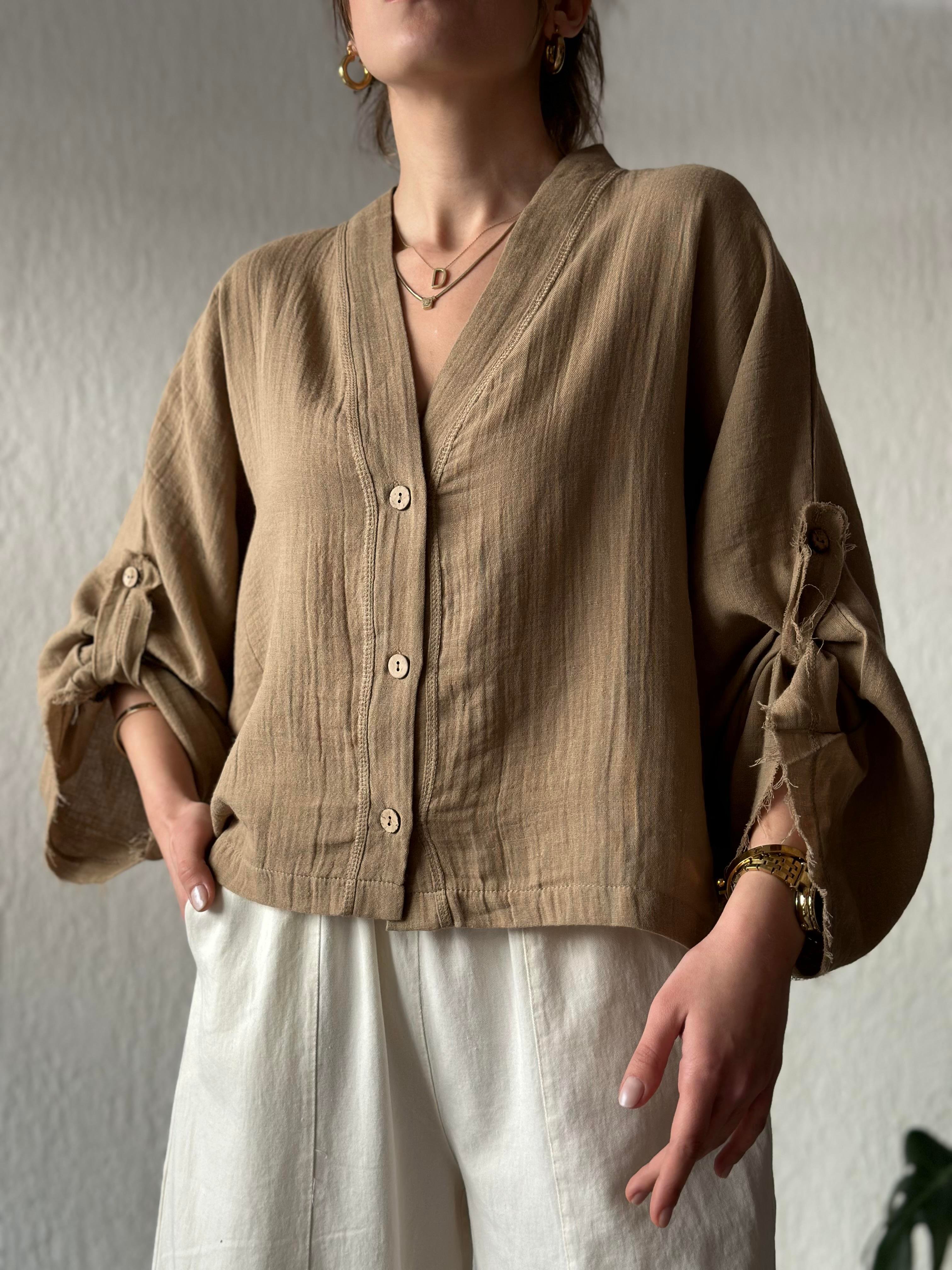 Müslin Bel Bağlamalı Oversize Ceket - Camel - Dominatrend