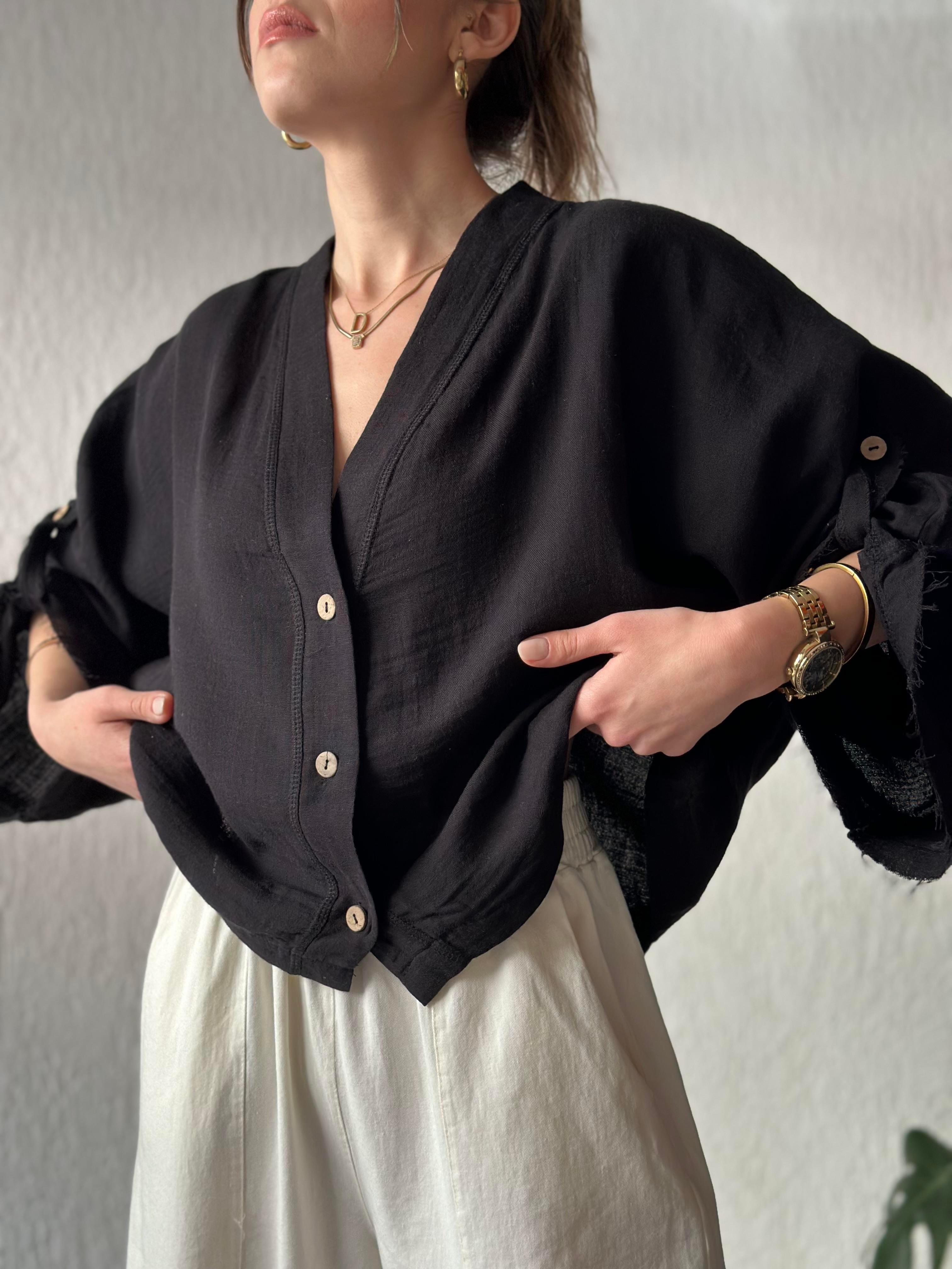 Müslin Bel Bağlamalı Oversize Ceket - Siyah - Dominatrend