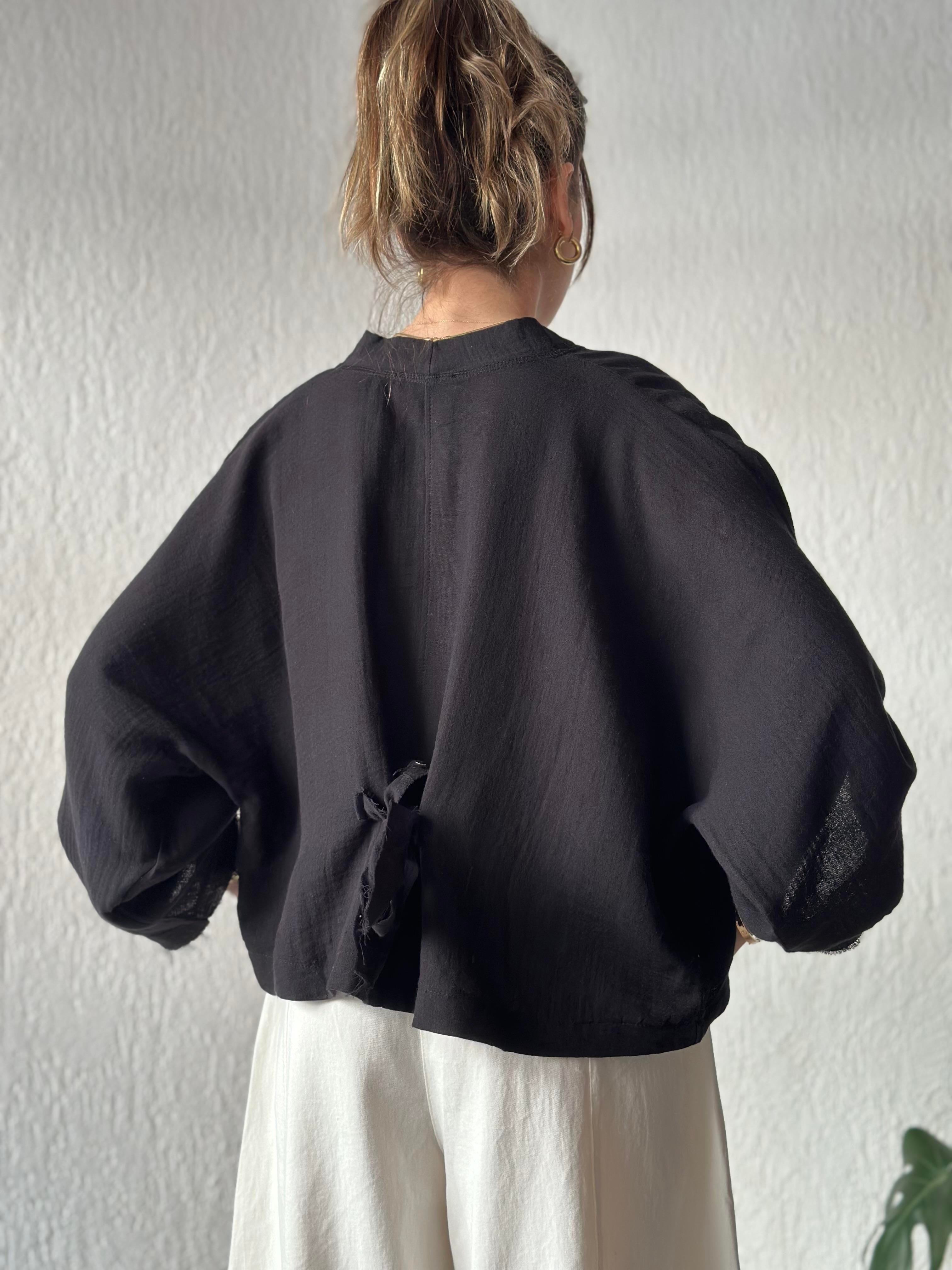 Müslin Bel Bağlamalı Oversize Ceket - Siyah - Dominatrend