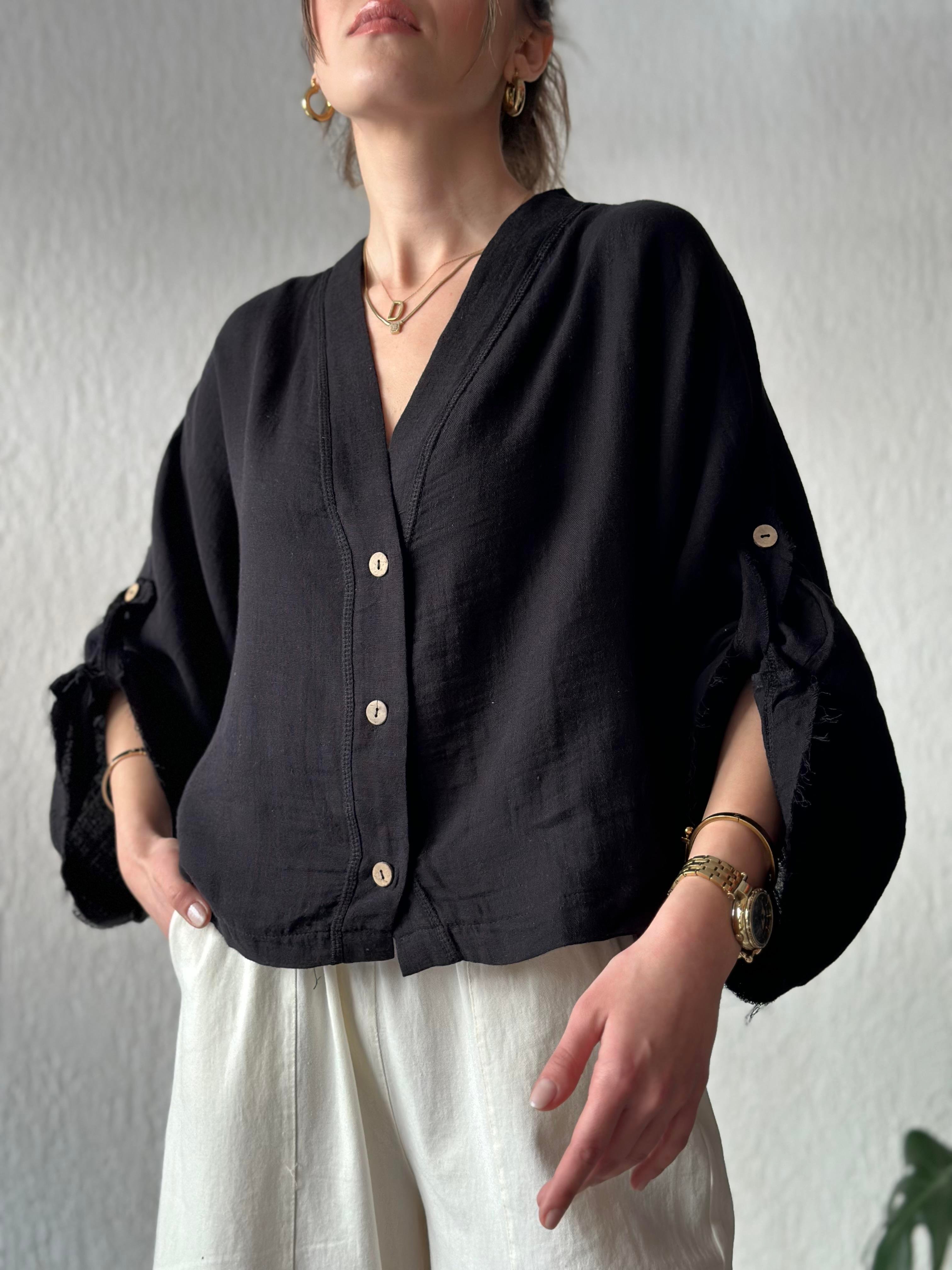 Müslin Bel Bağlamalı Oversize Ceket - Siyah - Dominatrend