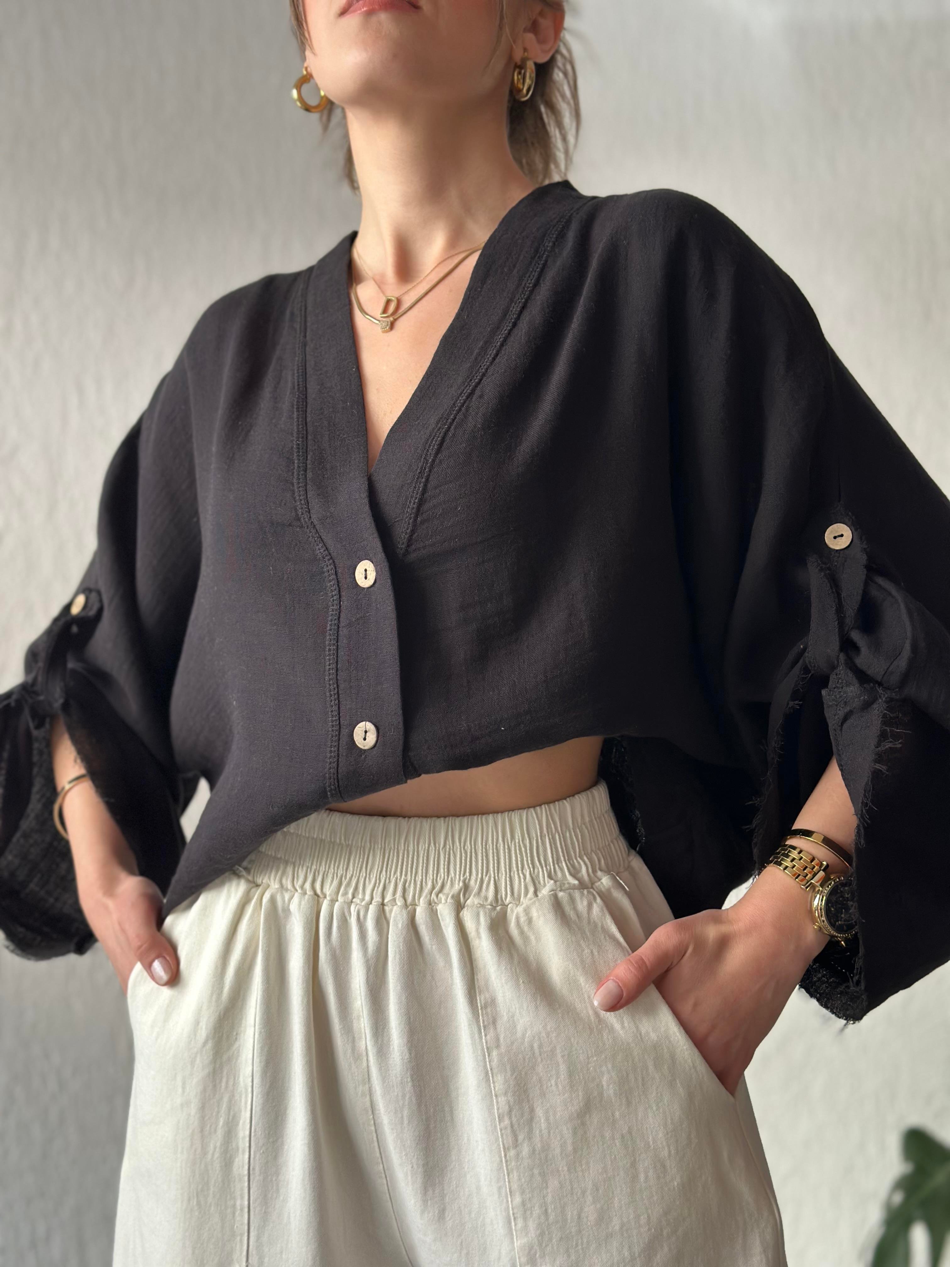 Müslin Bel Bağlamalı Oversize Ceket - Siyah - Dominatrend