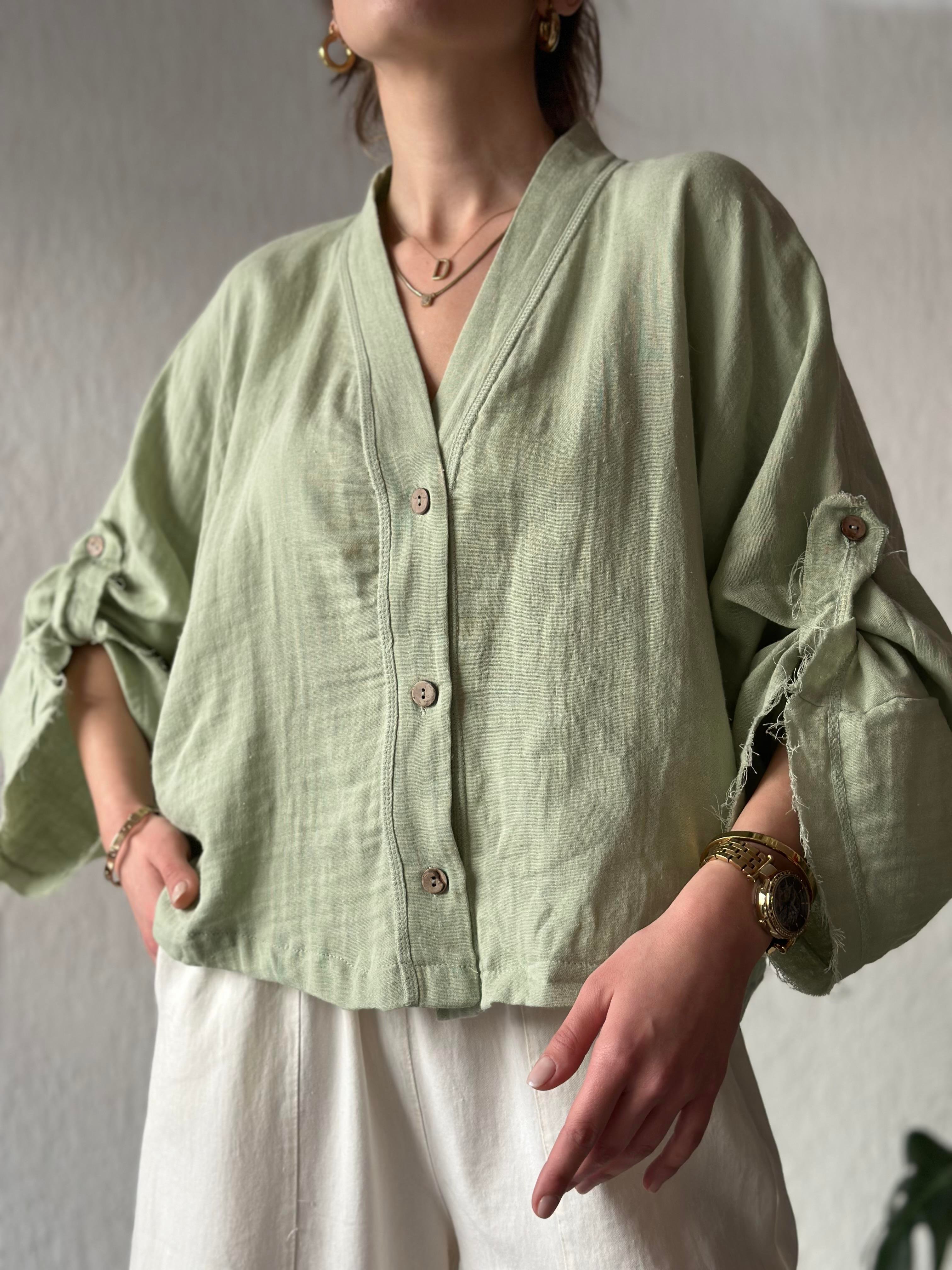 Müslin Bel Bağlamalı Oversize Ceket - Yeşil - Dominatrend