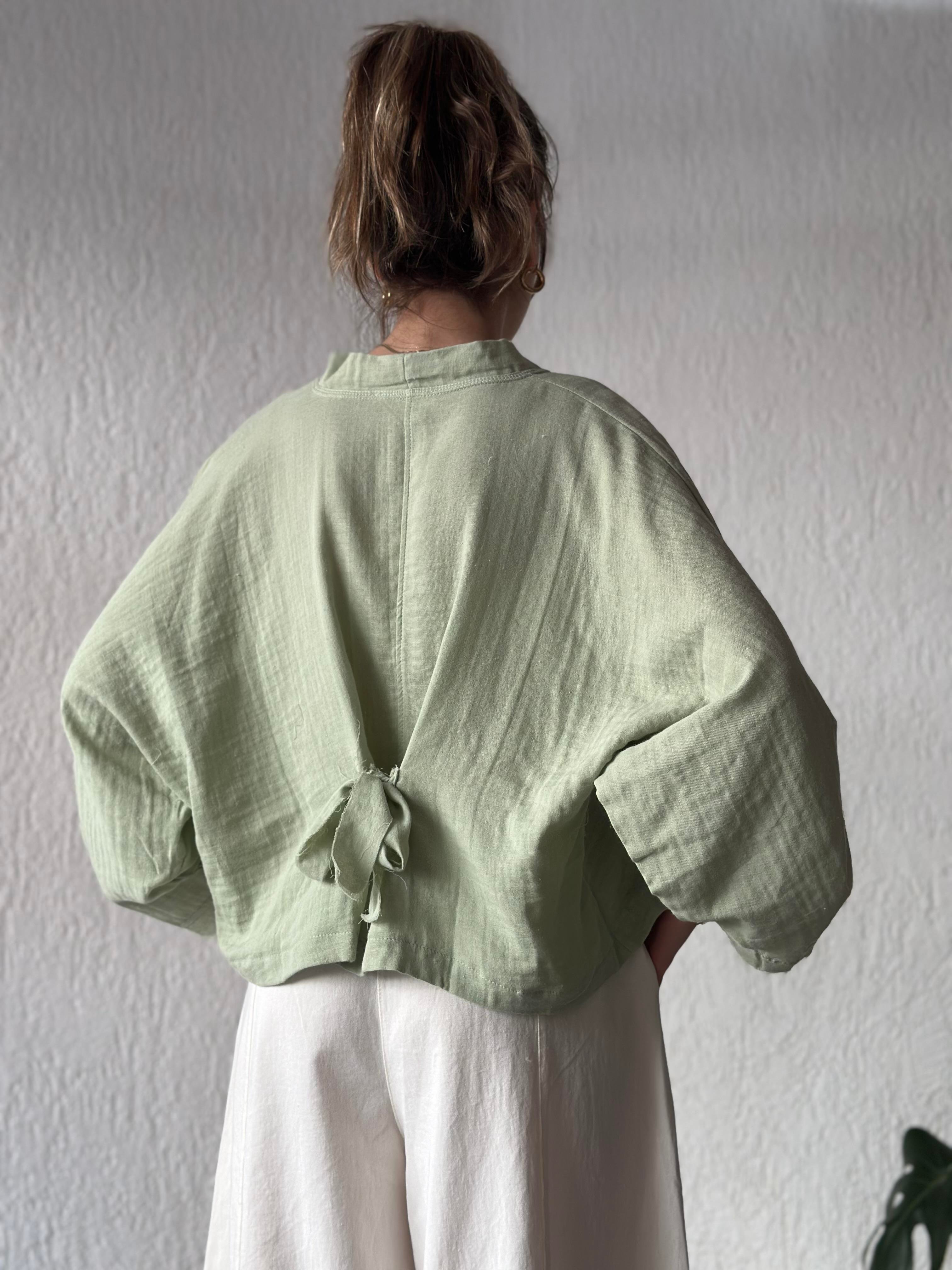 Müslin Bel Bağlamalı Oversize Ceket - Yeşil - Dominatrend