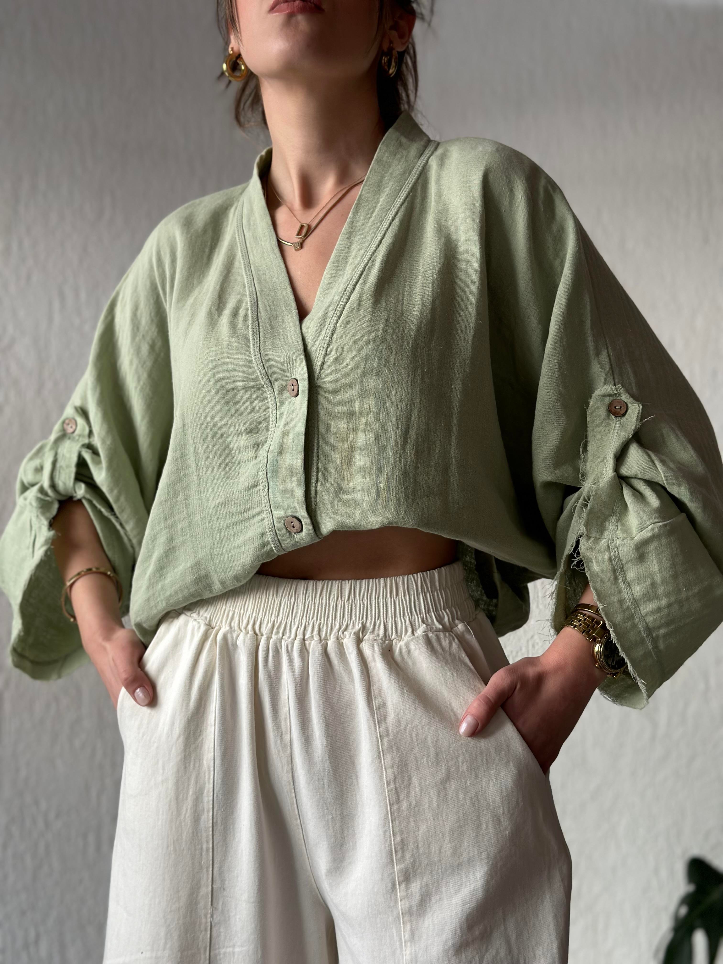 Müslin Bel Bağlamalı Oversize Ceket - Yeşil - Dominatrend