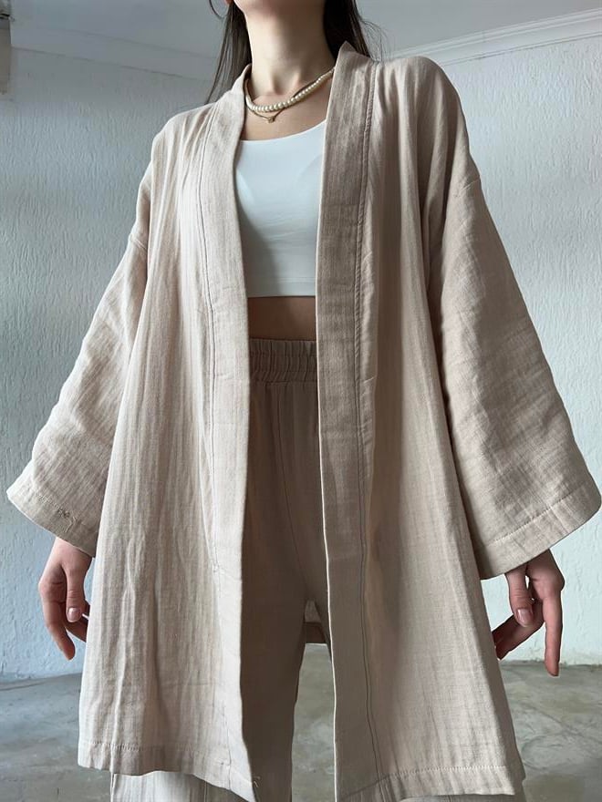Müslin Kumaş Kimono - Pantolon İkili Takım Bej - Dominatrend