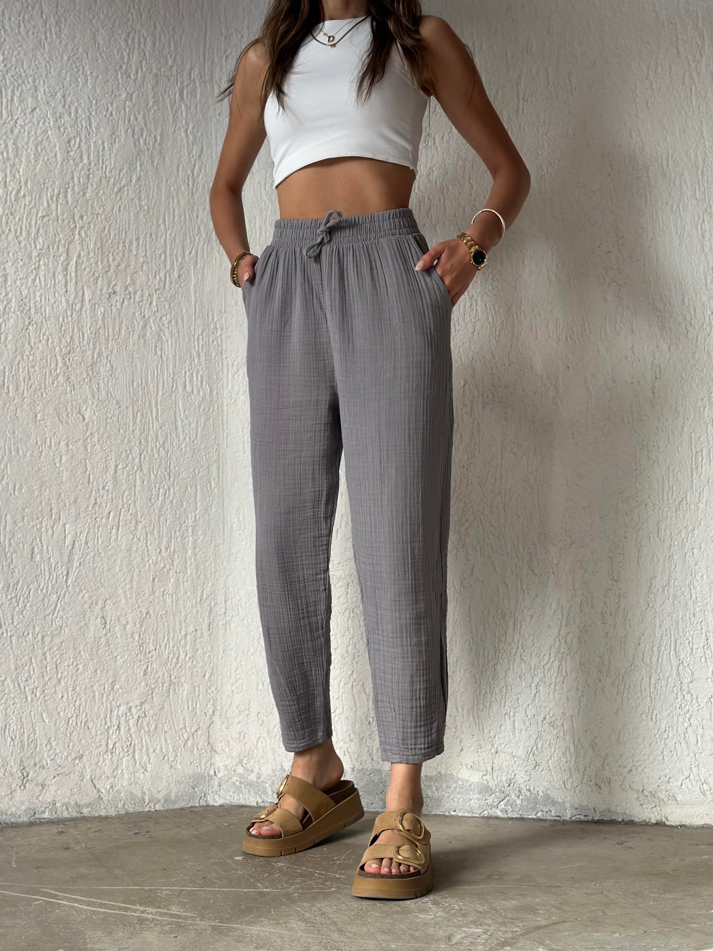 Müslin Paça Pensli Pantolon - Gri - Dominatrend