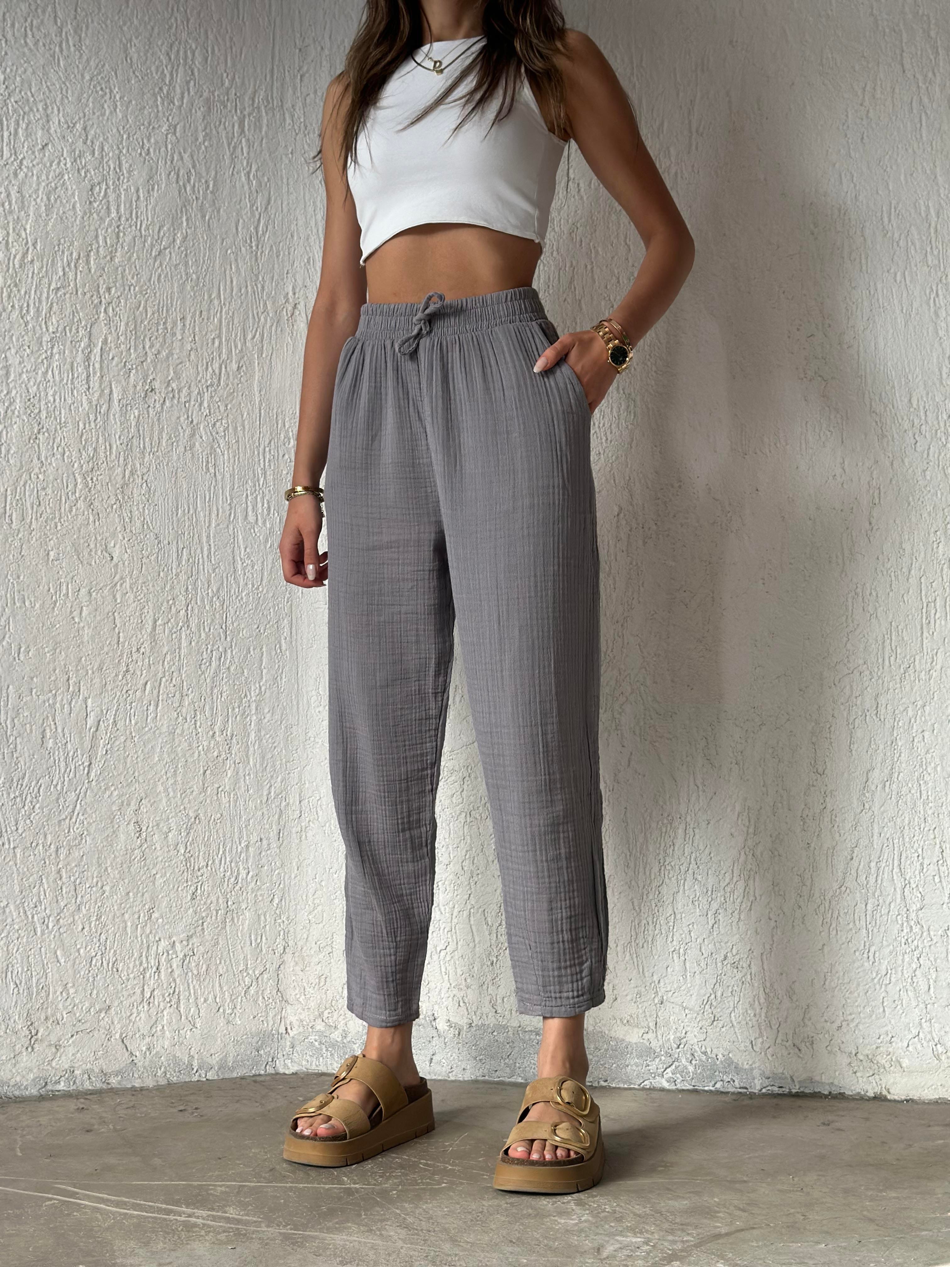 Müslin Paça Pensli Pantolon - Gri - Dominatrend