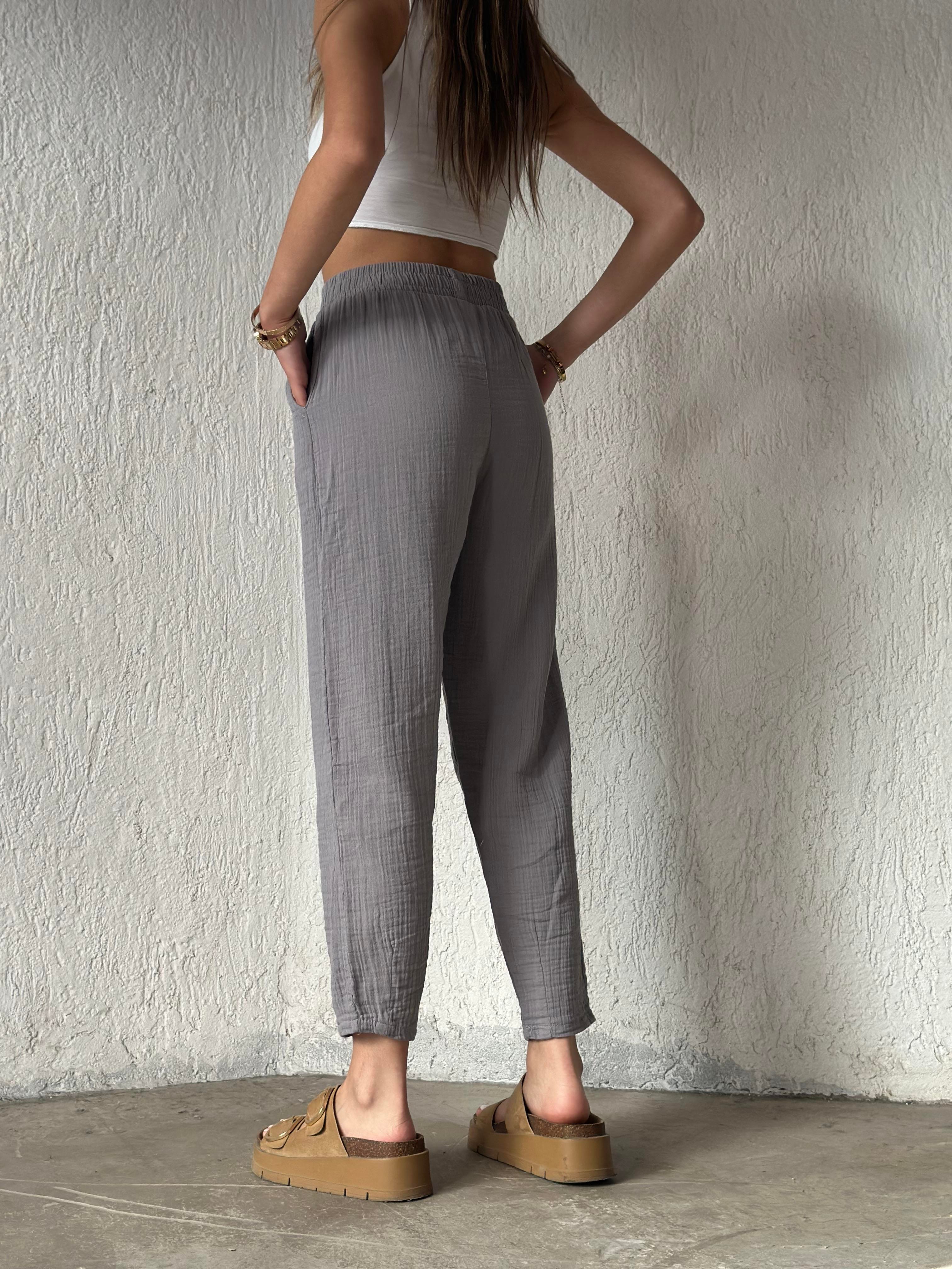 Müslin Paça Pensli Pantolon - Gri - Dominatrend