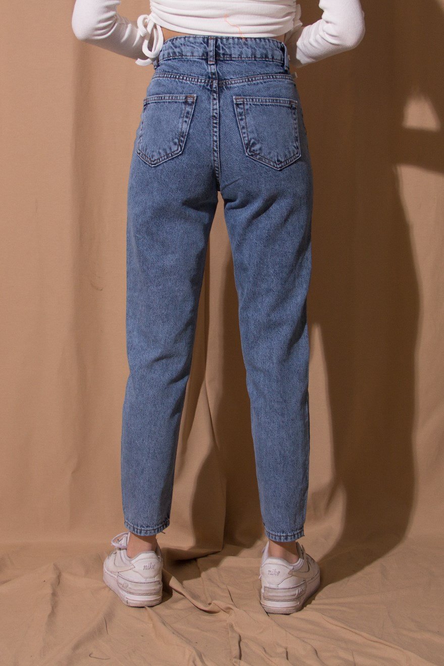 Nakışlı Mom Jean - Mavi - Dominatrend