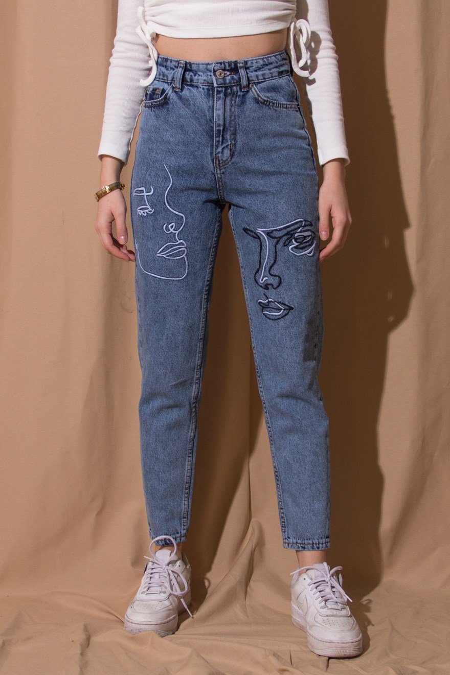 Nakışlı Mom Jean - Mavi - Dominatrend