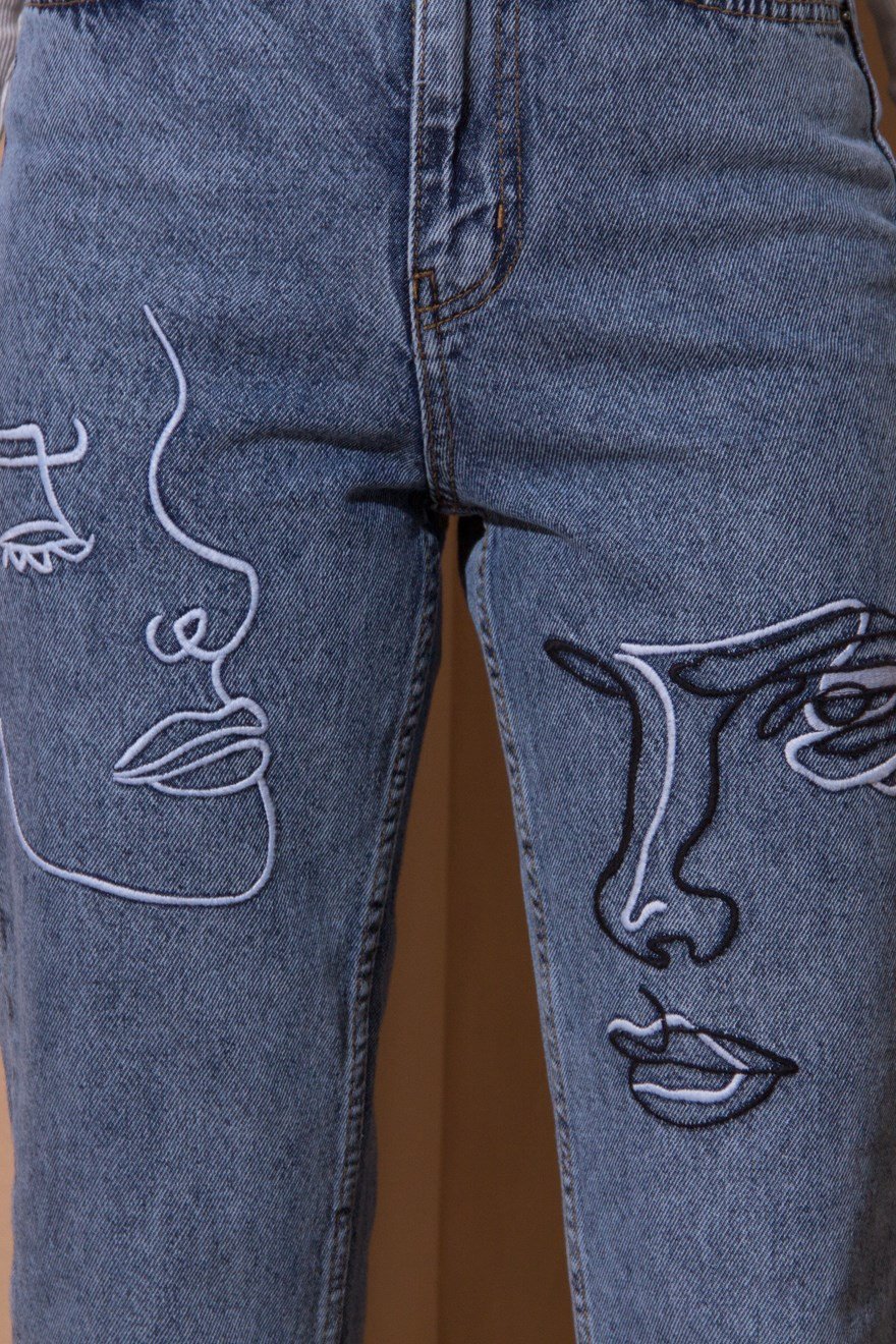 Nakışlı Mom Jean - Mavi - Dominatrend