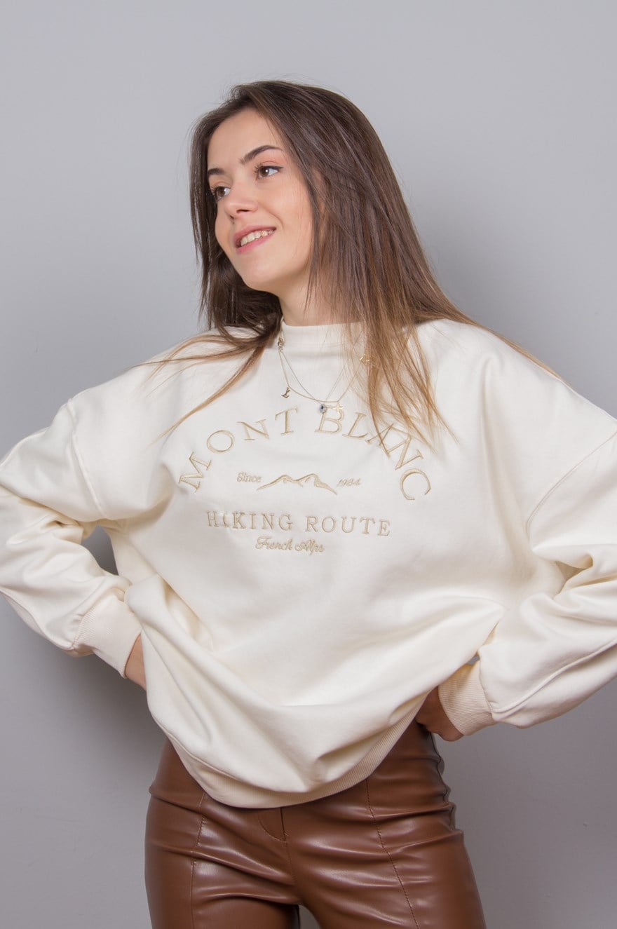 Nakışlı Mont Blanc Sweatshirt - Krem - Dominatrend