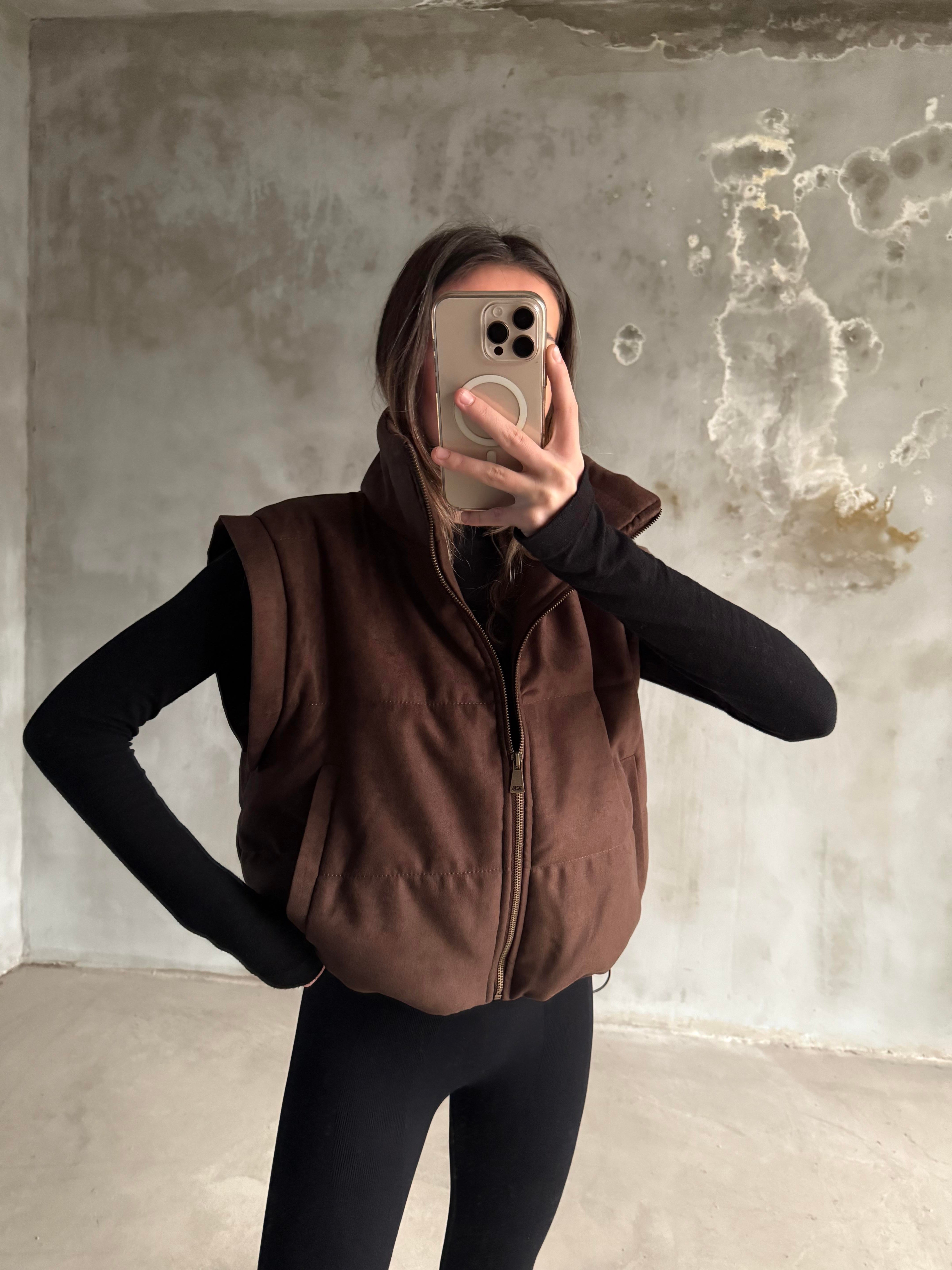 Nubuk Şişme Mont Yelek - Kahve - Dominatrend
