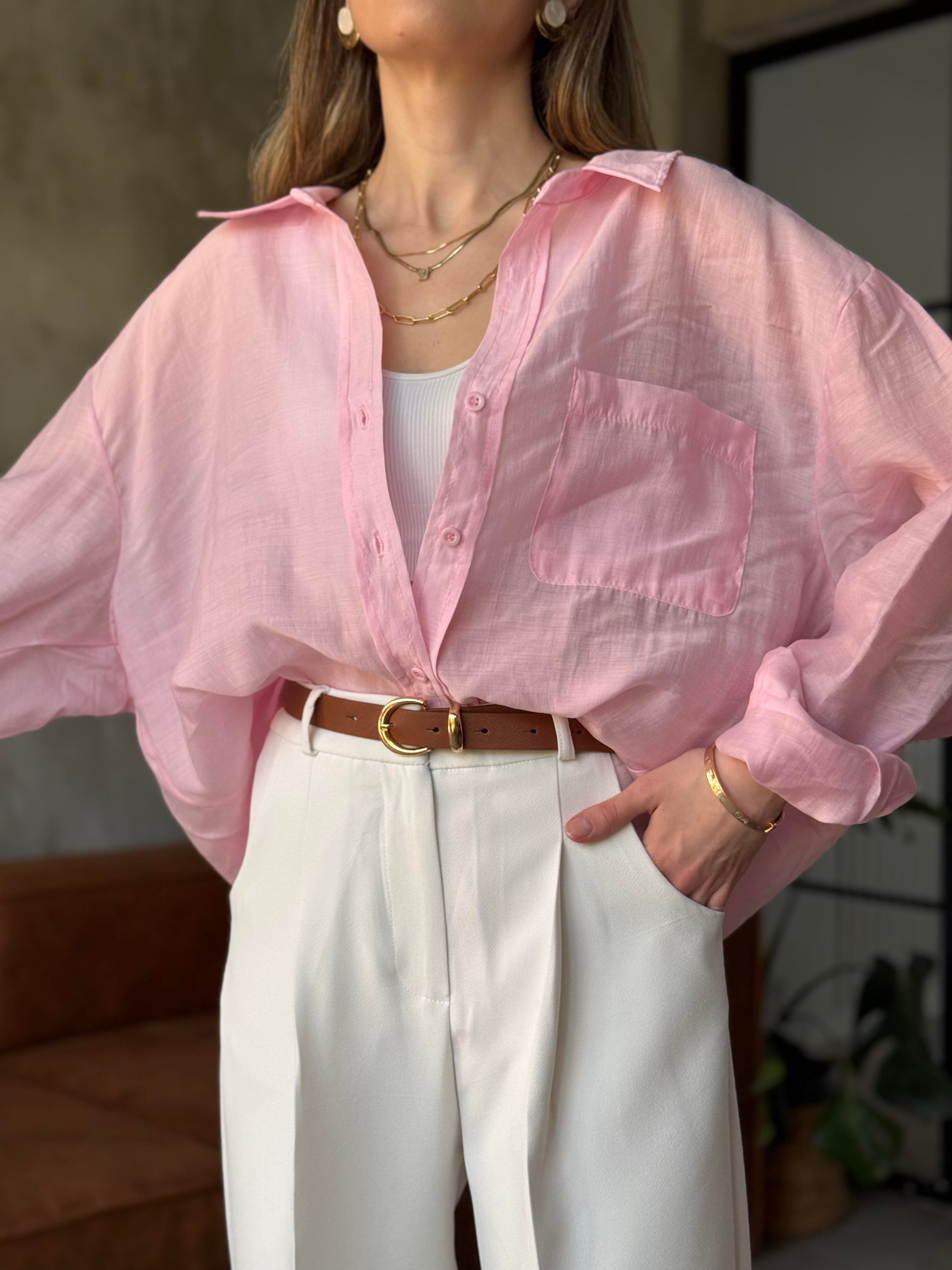 Oli Oversize Tencel Gömlek - Pembe - Dominatrend