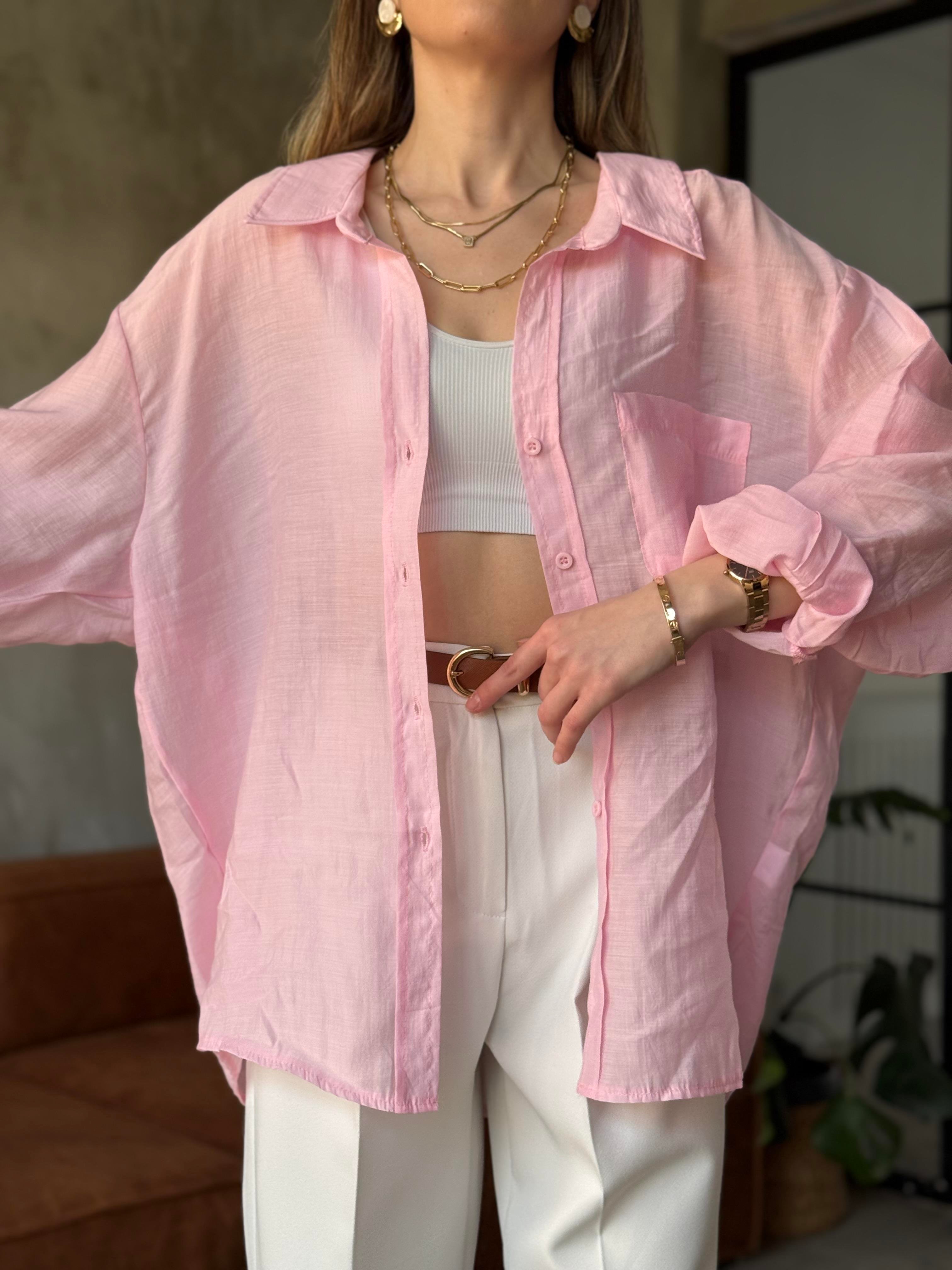 Oli Oversize Tencel Gömlek - Pembe - Dominatrend