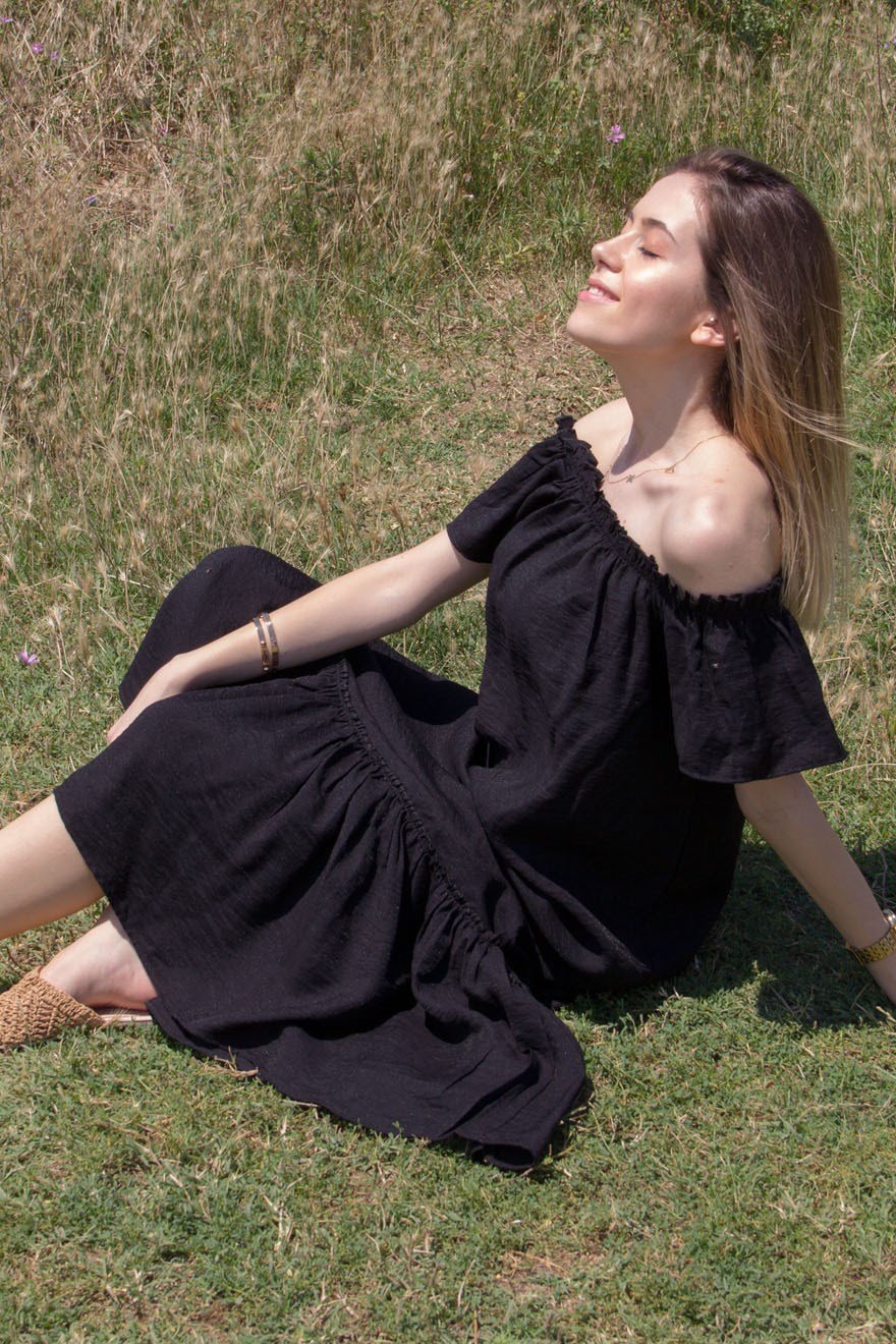Omuz Lastikli Elbise - Siyah - Dominatrend