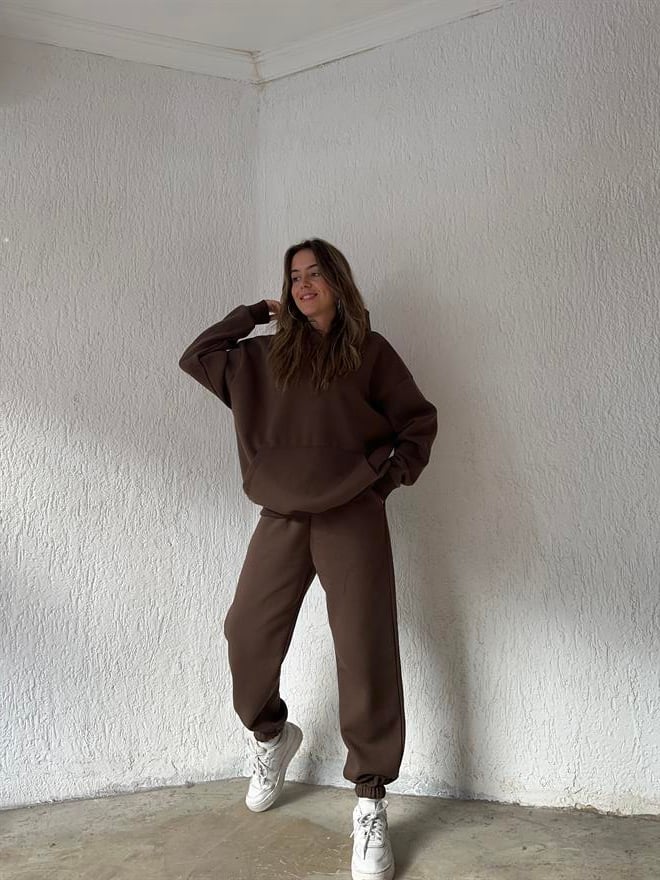 Oversize Basic Eşofman Takımı - Kahverengi - Dominatrend
