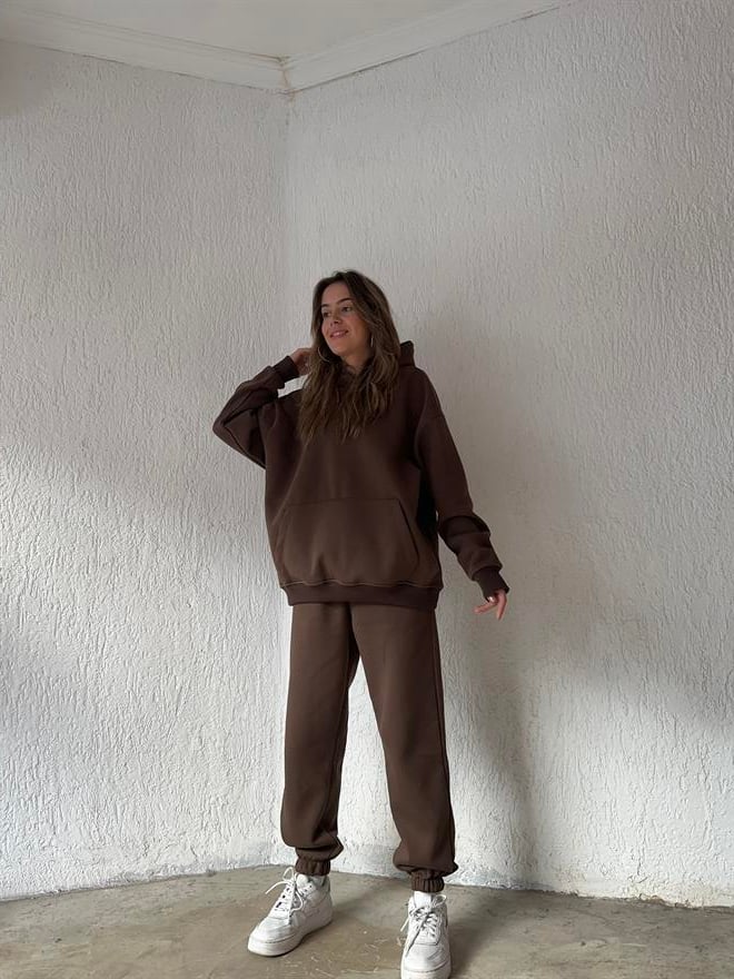Oversize Basic Eşofman Takımı - Kahverengi - Dominatrend