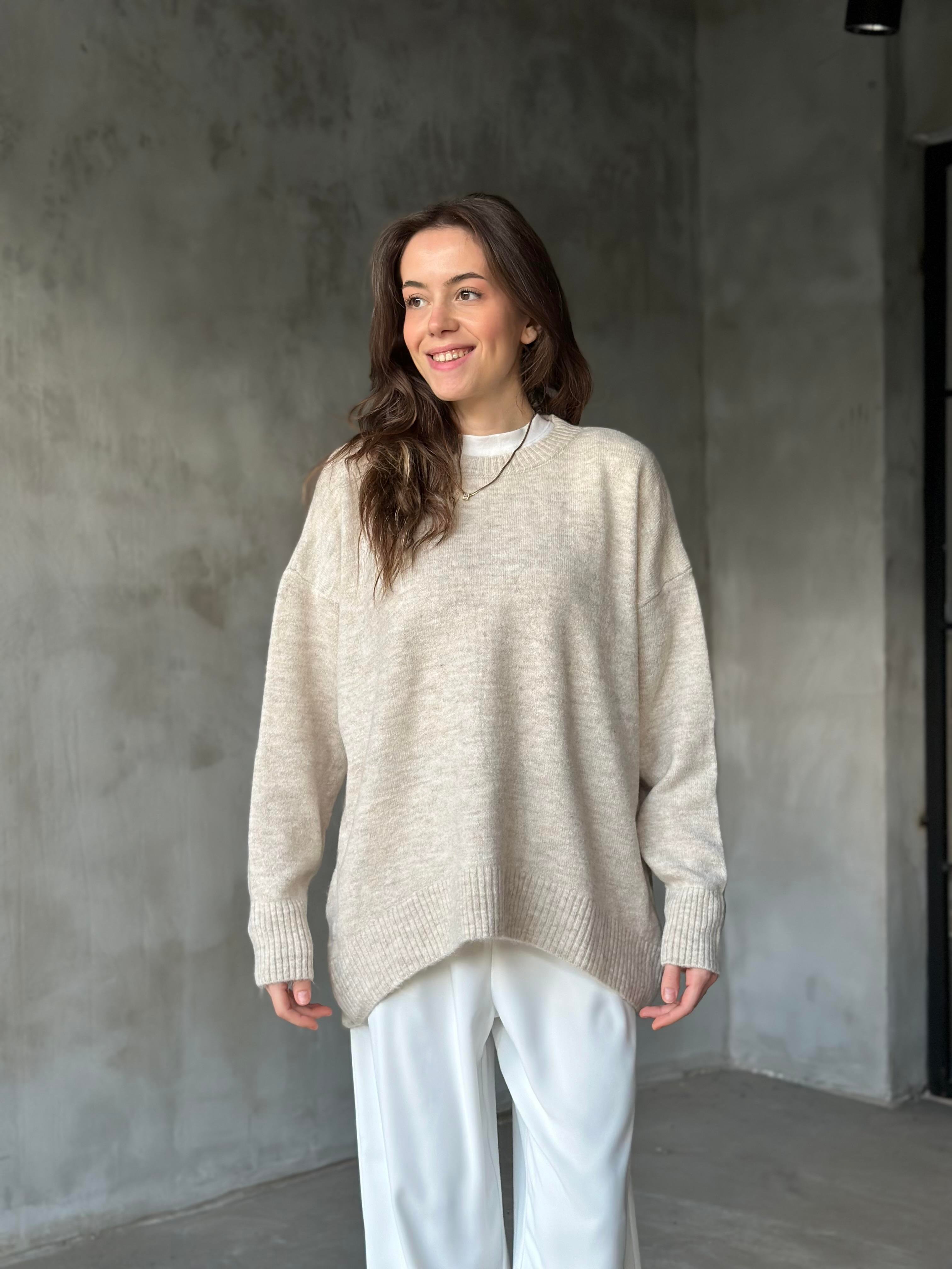 Oversize Basic Triko Kazak - Ekru - Dominatrend