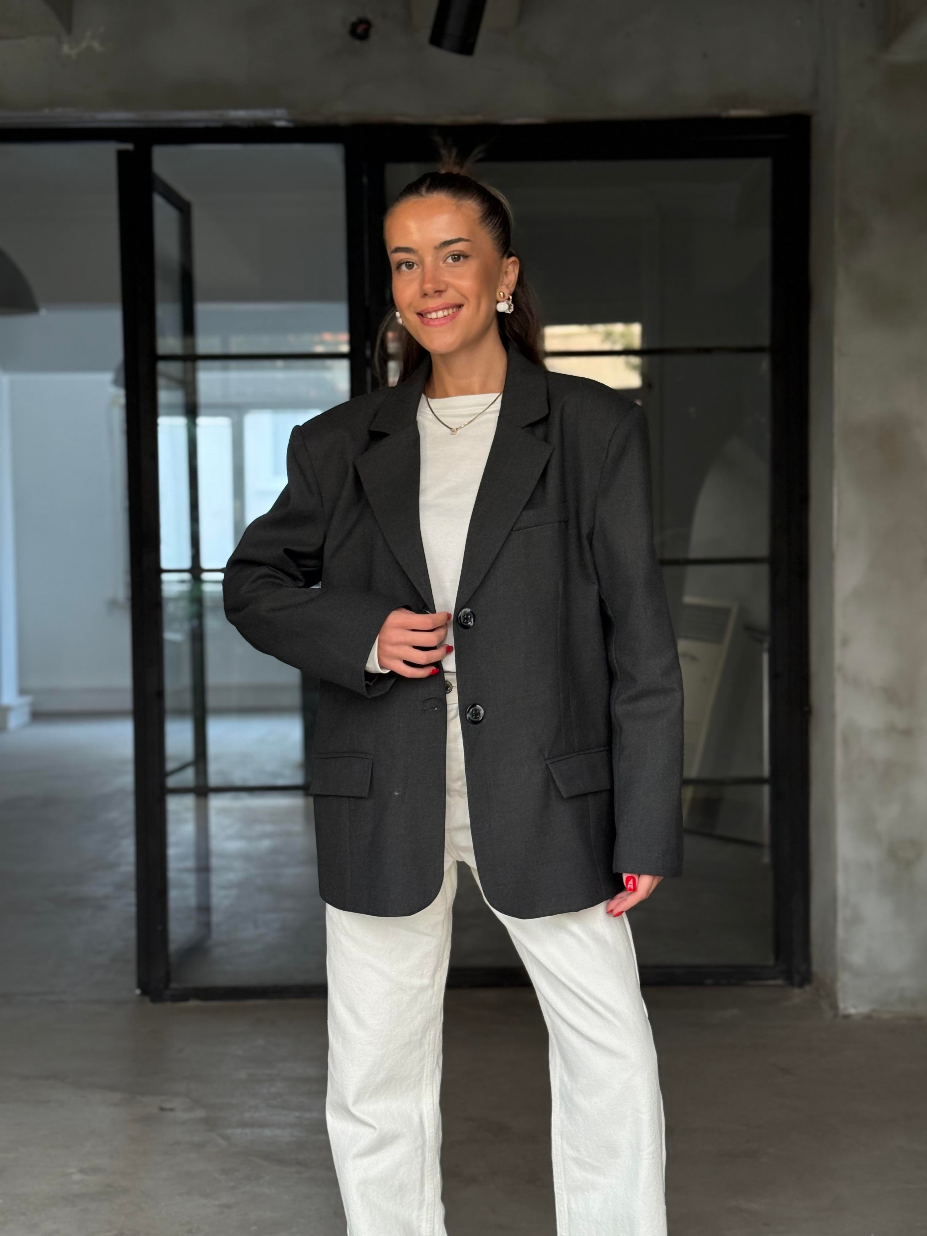 Oversize Blazer Ceket - Antrasit - Dominatrend