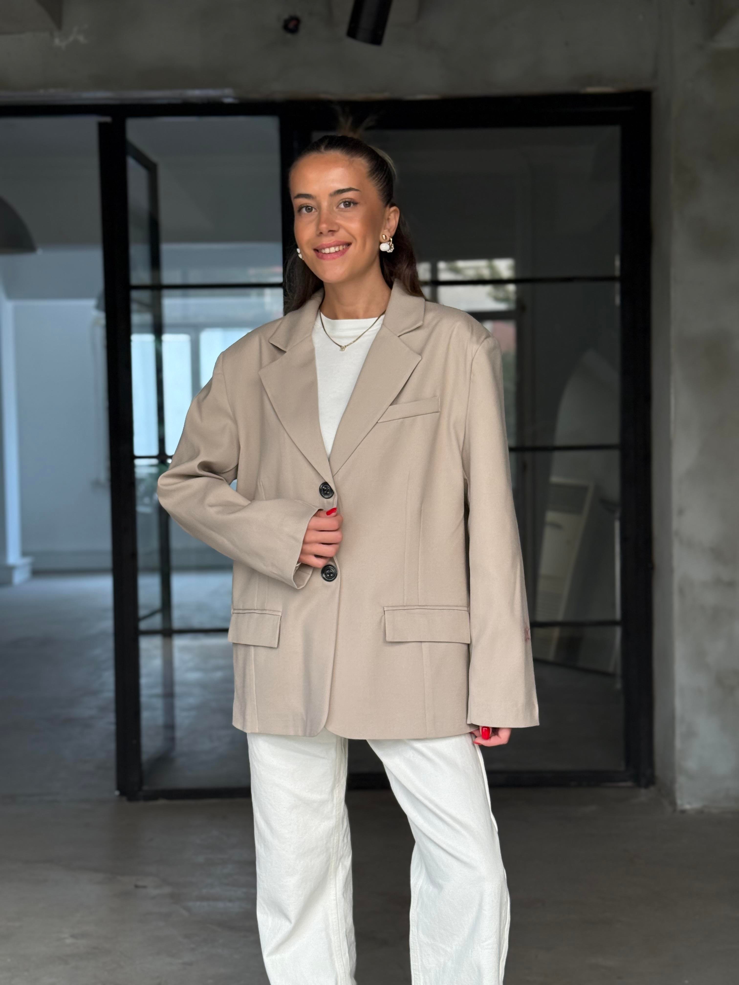 Oversize Blazer Ceket - Bej - Dominatrend