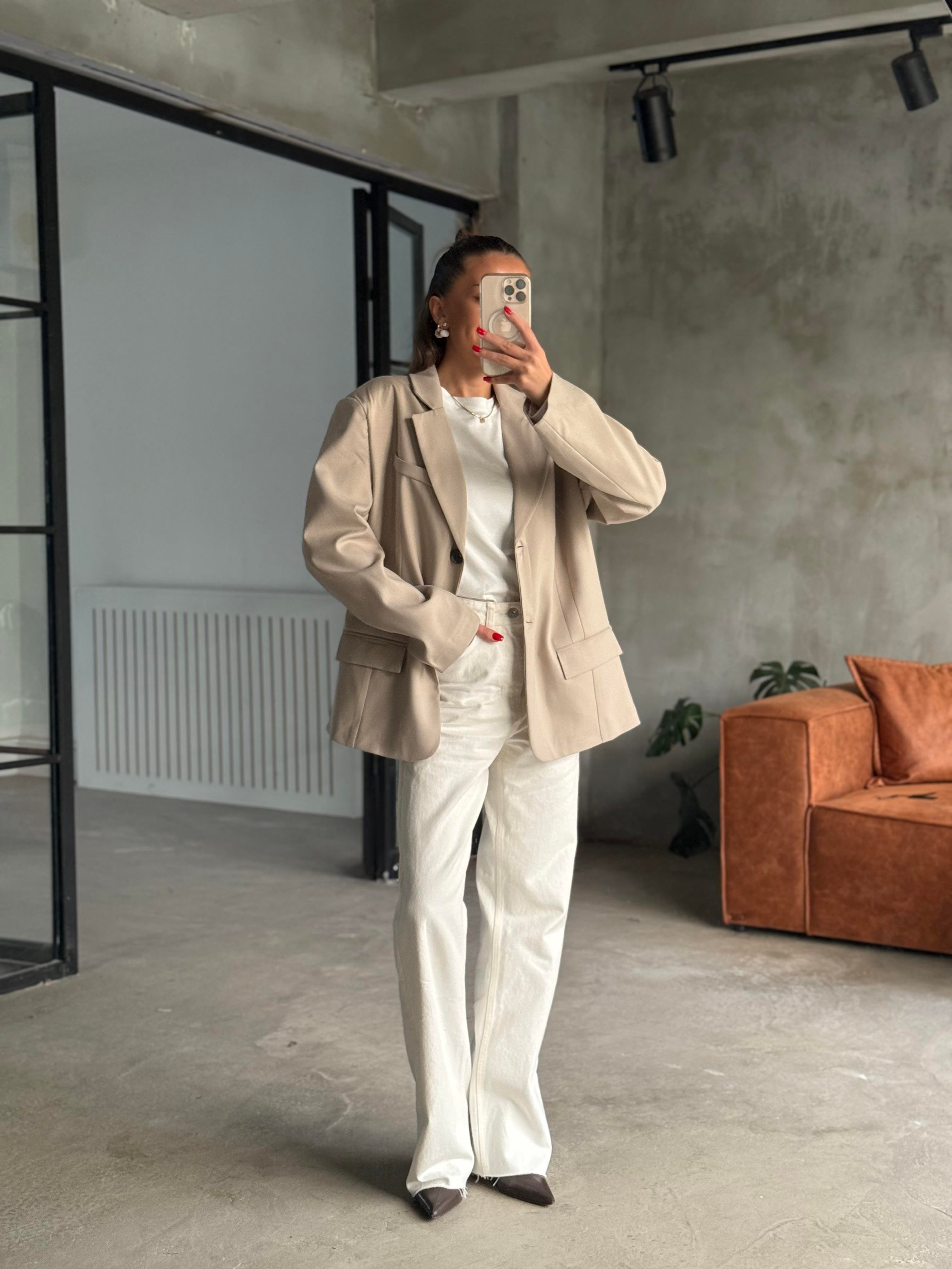 Oversize Blazer Ceket - Bej - Dominatrend