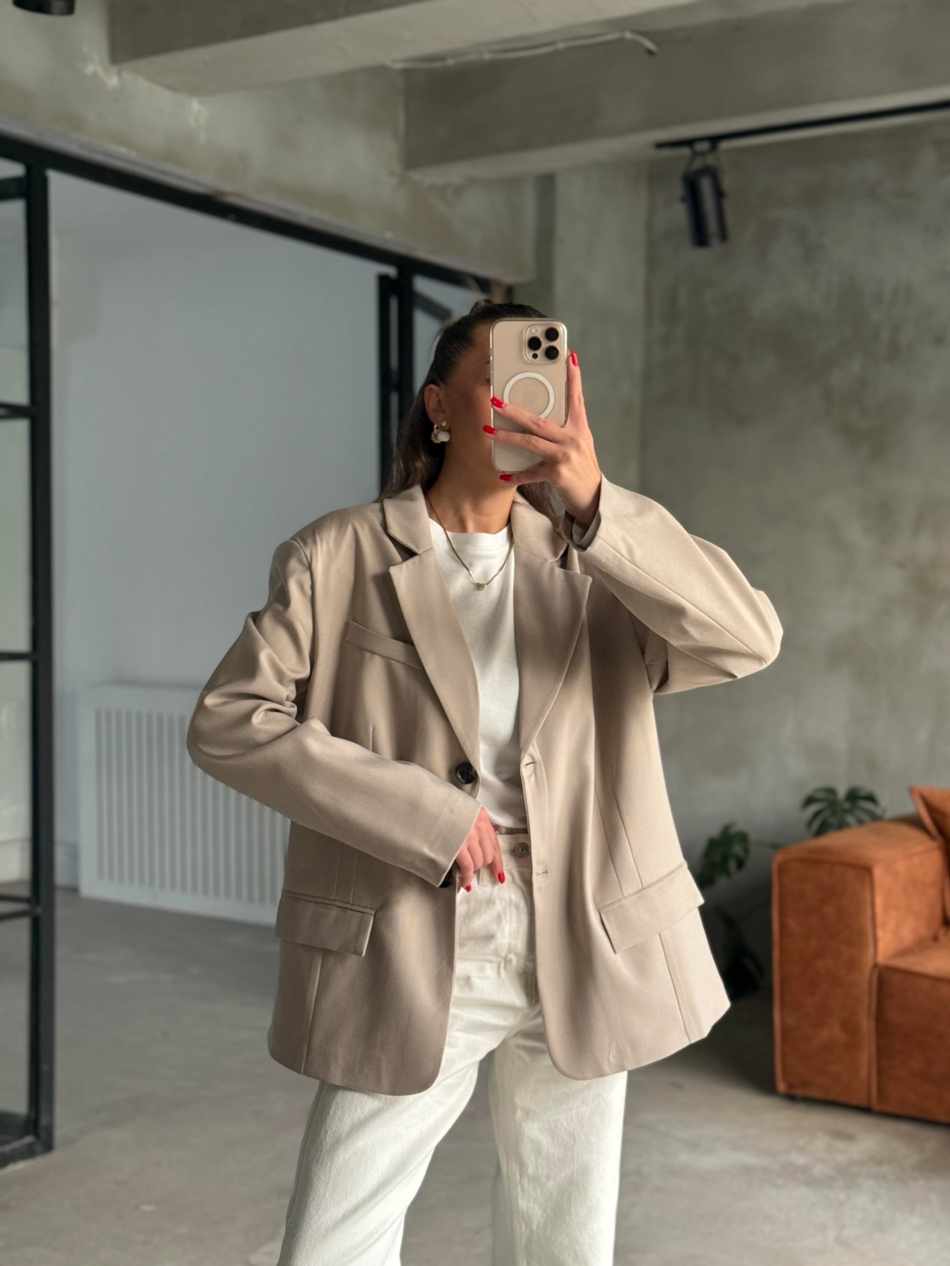 Oversize Blazer Ceket - Bej - Dominatrend